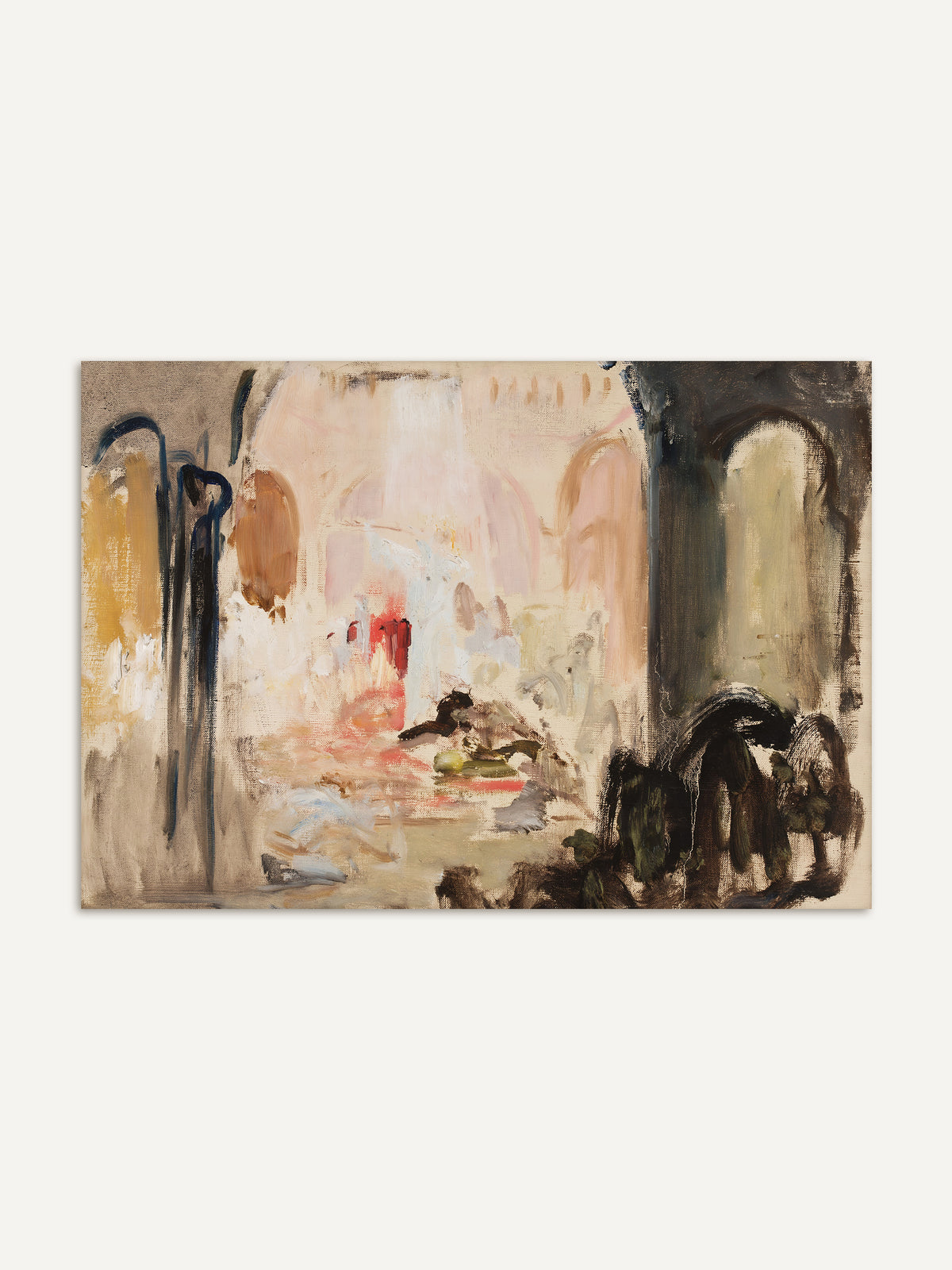 Kunstdruck eines abstrakten Gemäldes mit hellen Bögen in Rosé und Creme, links dunkelblauen Linien und Ocker, rechts tiefem Braun und Olivgrün, in der Mitte ein roter Akzent. Das Wabi-Sabi-Poster wirkt warm und erdig. #Rahmen_Ohne Rahmen