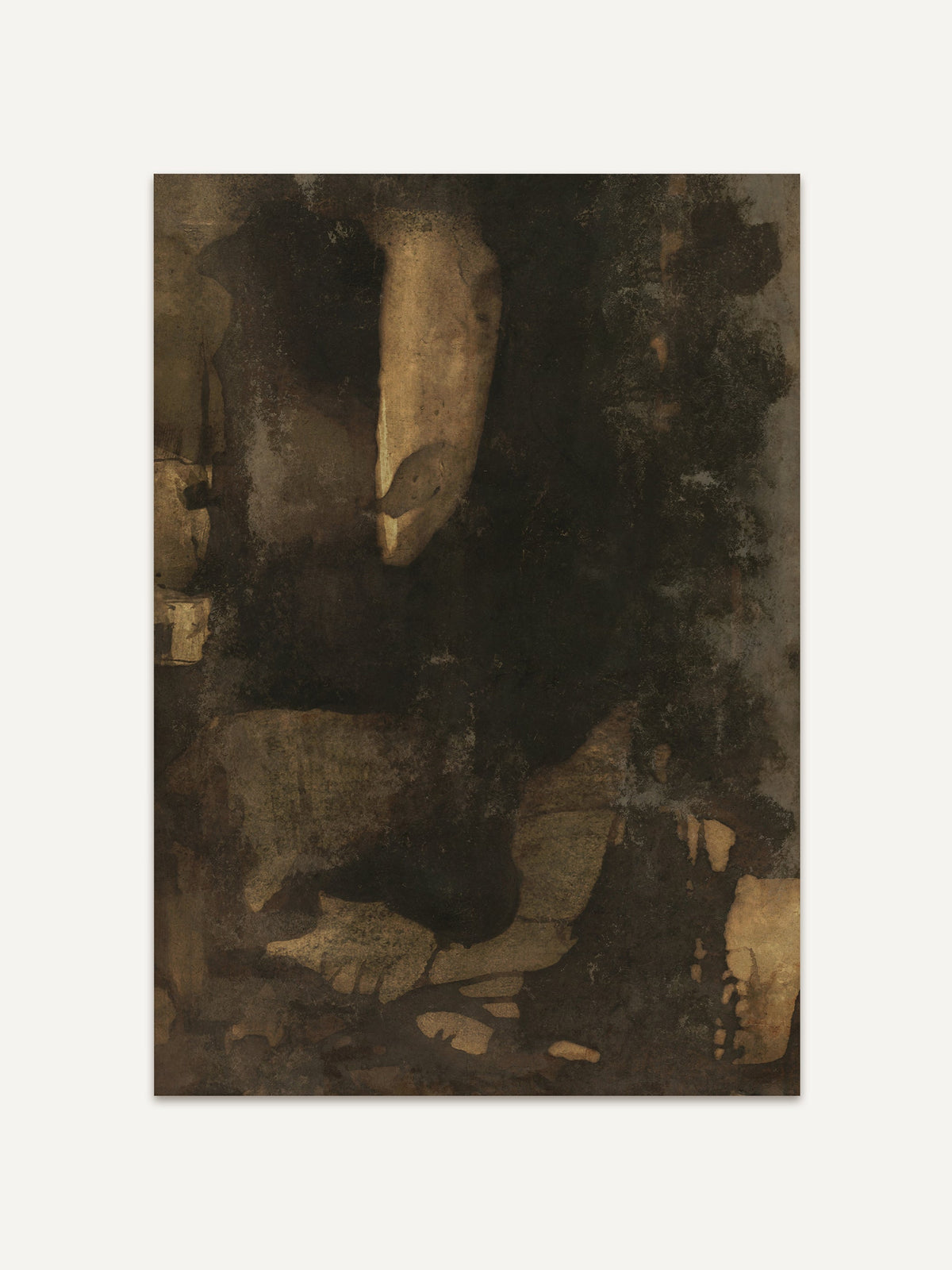 Abstrakter Kunstdruck in dunklen Braun-, Ocker- und Schwarztönen mit strukturierter Oberfläche und reduzierter Formsprache. Das Motiv wirkt zeitlos und ruhig und eignet sich als minimalistisches Wandbild im Wabi-Sabi Stil für moderne Wohnräume. #Rahmen_Ohne Rahmen