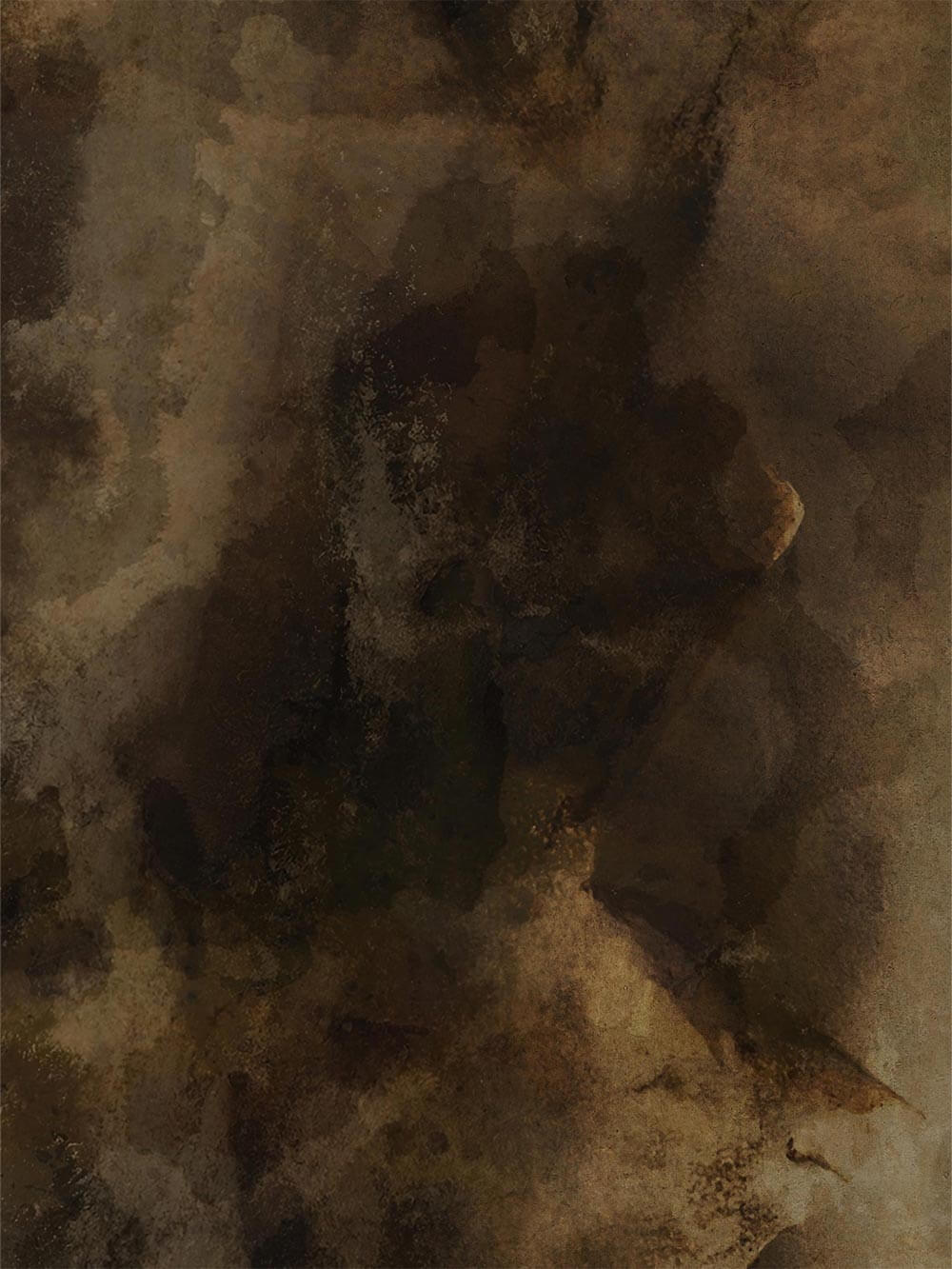 Nahaufnahme des abstrakten Kunstdrucks mit erdigen Braun-, Ocker- und Schwarznuancen zeigt eine wolkige, organische Oberfläche mit patinierter Anmutung. Die feine Textur verleiht dem Kunstdruck Tiefe und eine moody, zeitlose Wirkung.