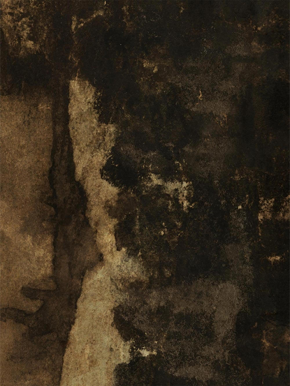 Detail eines dunkle abstraktem Kunstdruck in Braun- und Schwarztönen mit rauer, unregelmäßiger Textur und sichtbarer Patina. Die organische Oberfläche erinnert an gealterte Wandstrukturen und verleiht dem Kunstdruck eine ruhige, erdige Wabi-Sabi Stimmung.