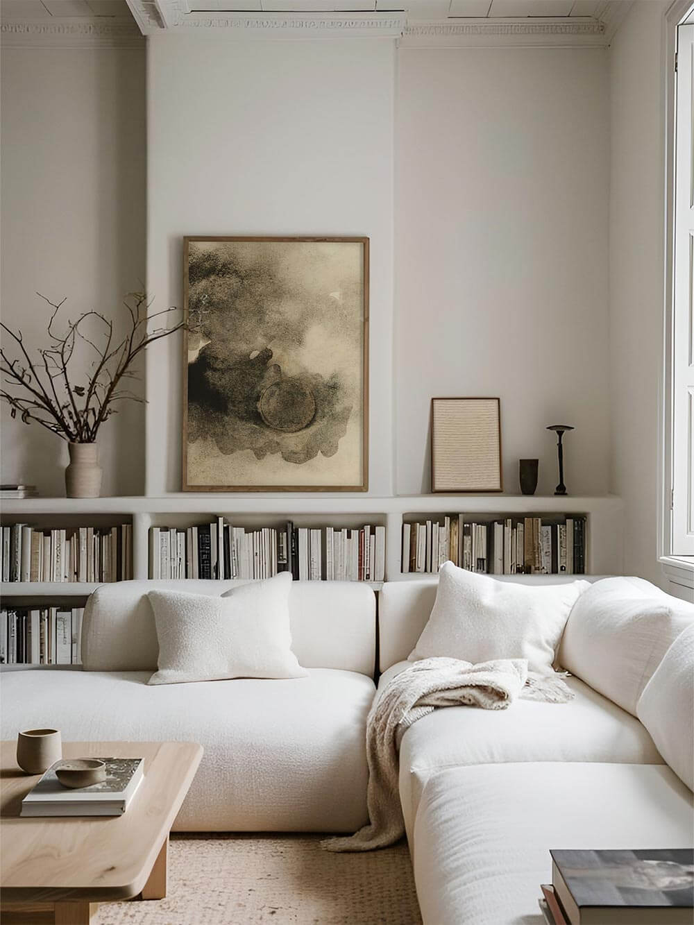 Abstraktes Wandbild im Wabi-Sabi-Stil hängt über einem hellen Sofa mit Bücherregal im Hintergrund. Die zurückhaltenden Farben und weichen Formen des Kunstdrucks ergänzen eine minimalistische, ruhige Wohnzimmer-Galerie.