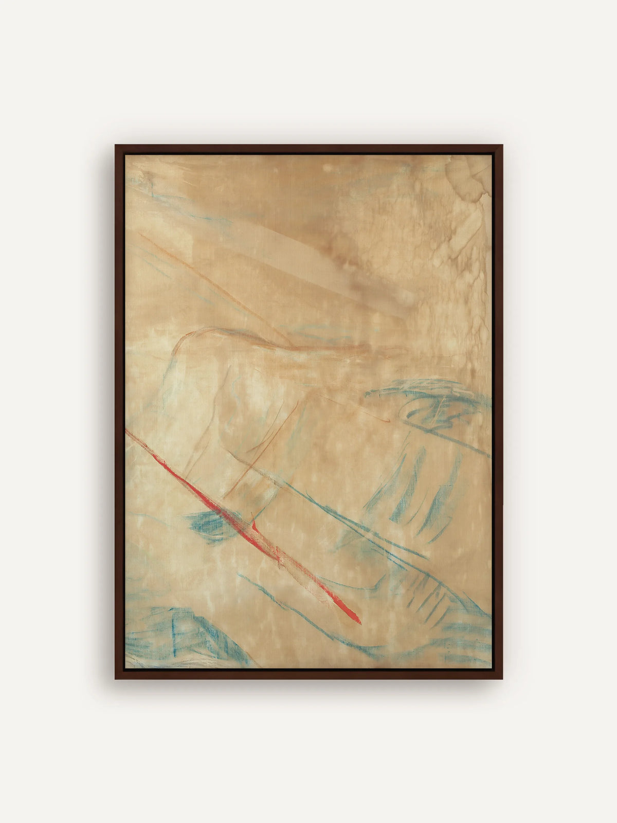 Abstraktes Leinwandbild in warmen Sand- und Beigetönen mit feinen Linien in Azurblau und einem ziegelroten Strich im Schattenfugenrahmen in Braun. Japandi Wandbild nach Edvard Munch. #Rahmen_Braun