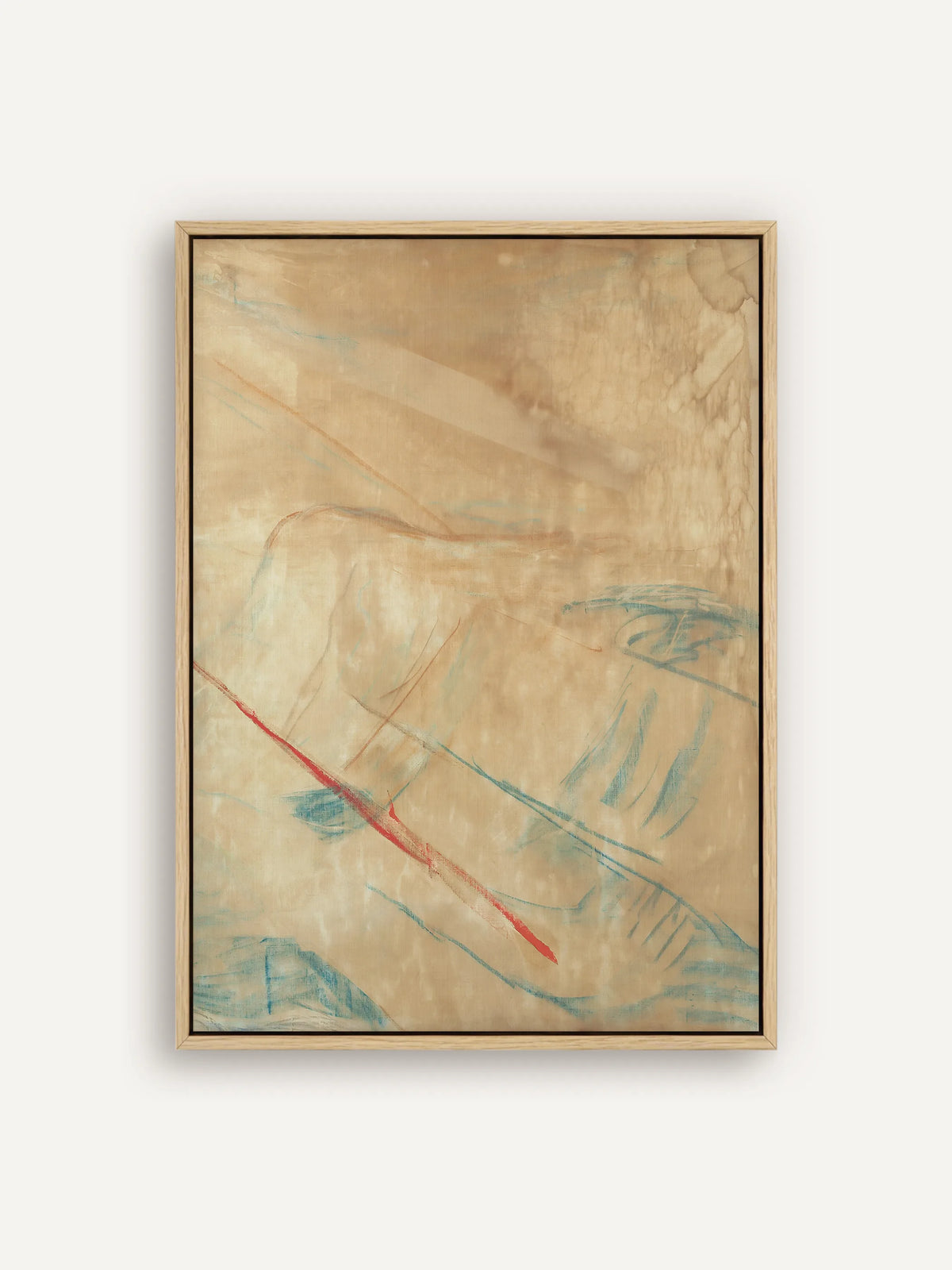 Abstraktes Leinwandbild in warmen Sand- und Beigetönen mit feinen Linien in Azurblau und einem ziegelroten Strich im Schattenfugenrahmen in Natur. Japandi Wandbild nach Edvard Munch. #Rahmen_Natur