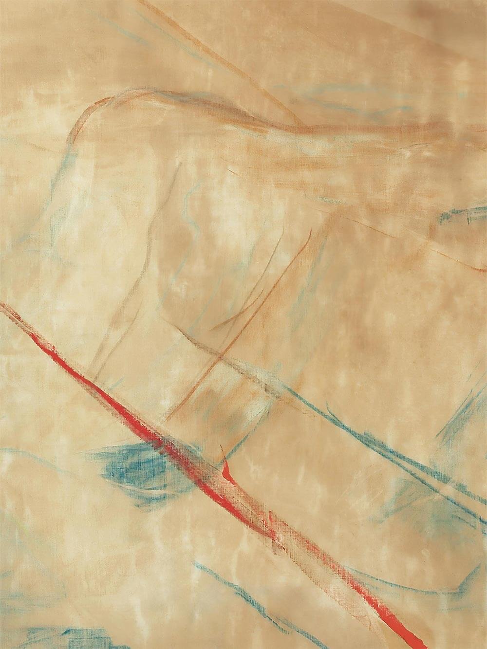 Nahaufnahme des abstrakten Kunstdrucks mit feiner Papierstruktur, lasierenden Beigetönen und zarten Linien in Blau und Rot. Die organische Oberfläche und die zurückhaltende Farbpalette verleihen dem Poster eine ruhige, handwerkliche Anmutung.