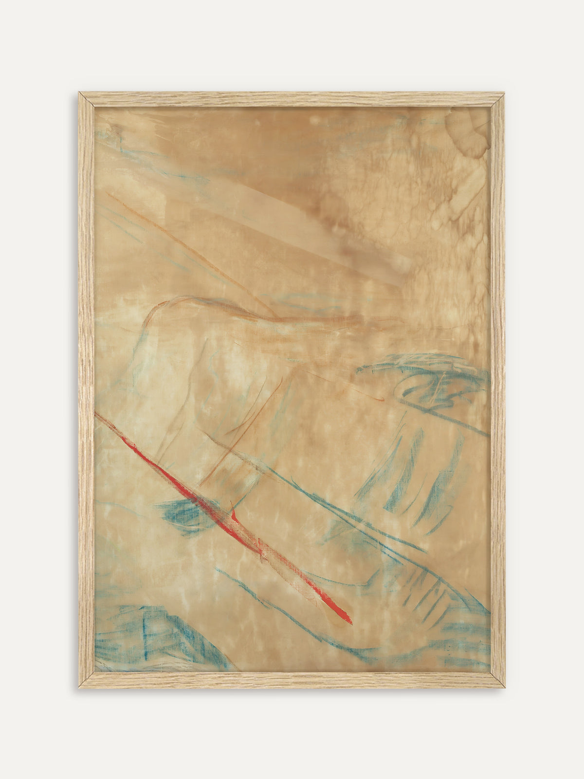 Kunstdruck, der zarte Linien in Türkisblau und Rostbraun mit einem kräftigen roten Strich auf sandfarbenem, wolkig lasiertem Grund zeigt. Im Rahmen aus hellem Holz wirkt das Japandi Motiv warm und hell. #Rahmen_Helles Holz
