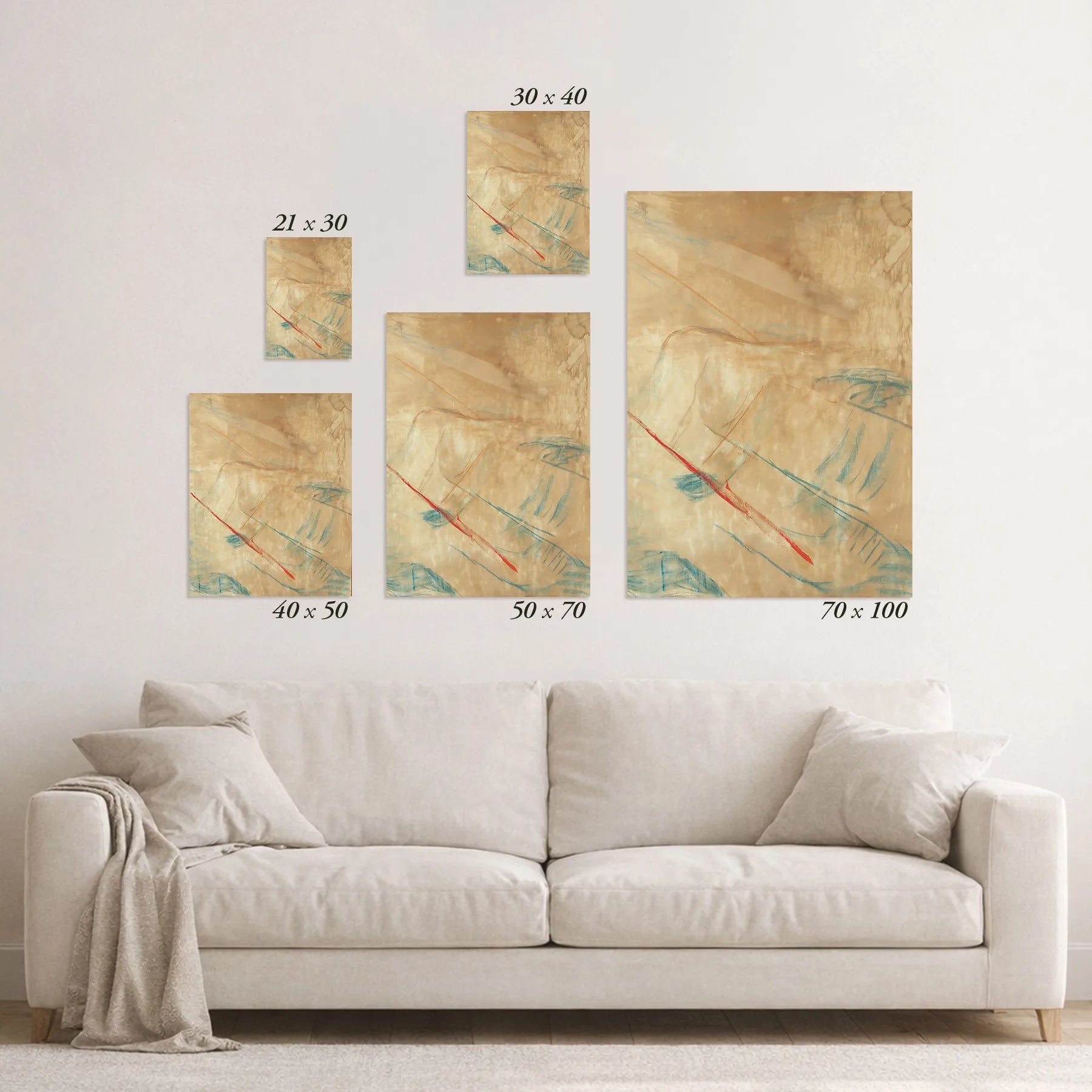 Schematic size overview of the available print formats above a sofa.