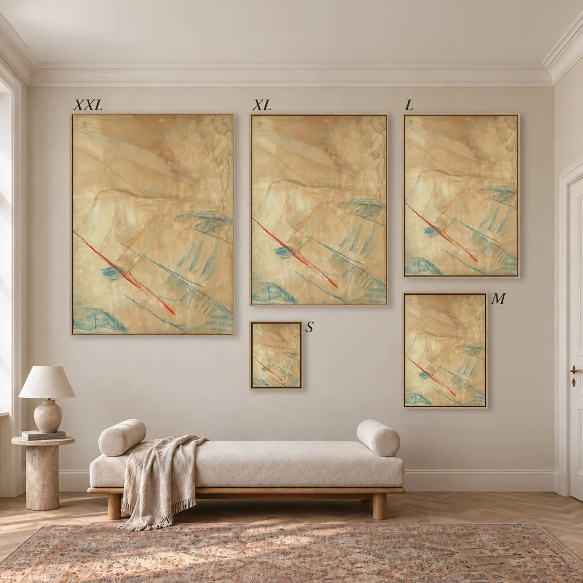 Größenübersicht der fünf Leinwandformate S bis XXL im Raum, von 34 × 44 cm bis 105 × 143 cm.
