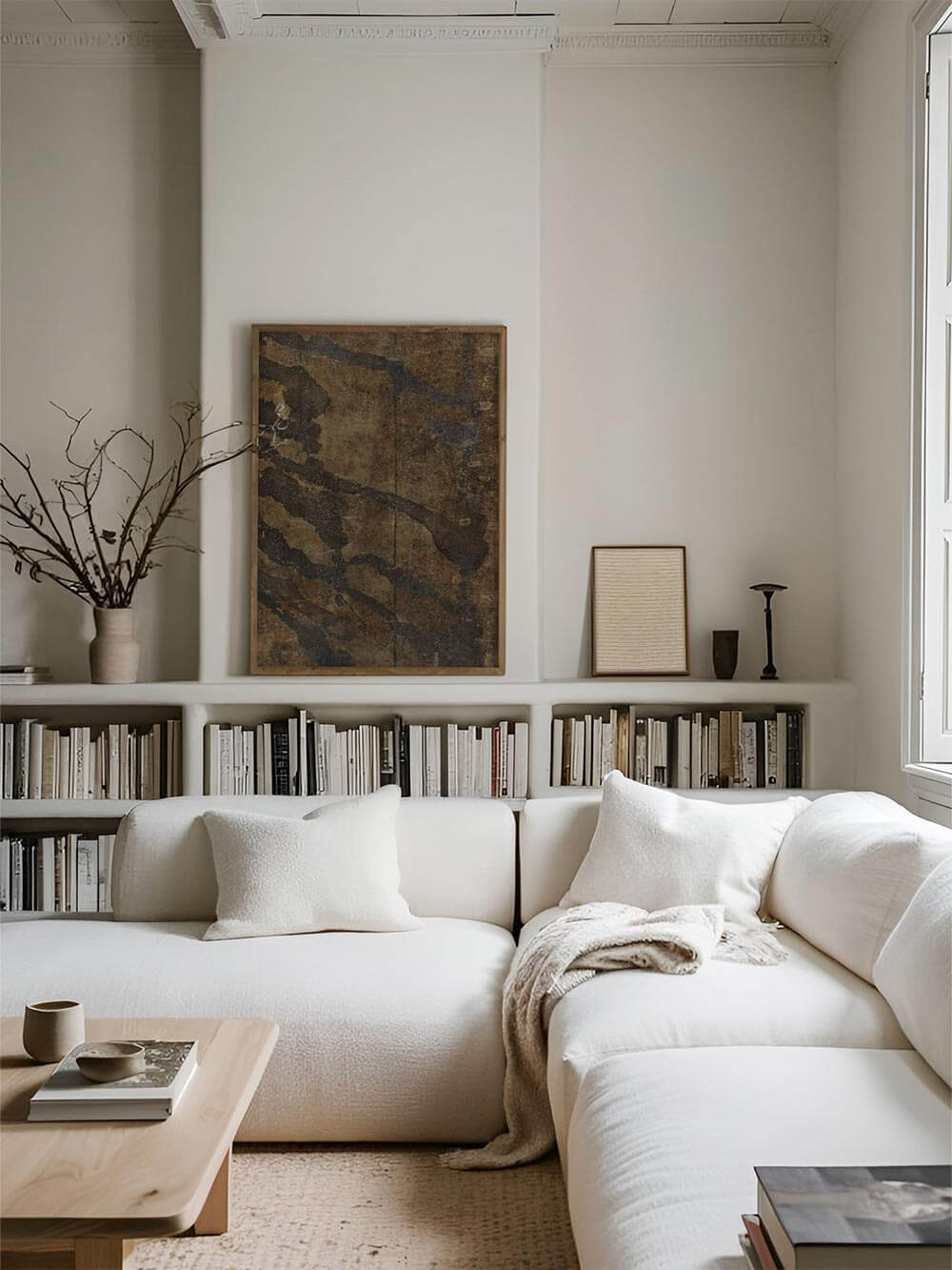 Großformatiger abstrakter Kunstdruck im Wabi-Sabi Stil über einem hellen Sofa, eingebettet in ein minimalistisches Wohnzimmer mit Bücherregal. Die organischen Strukturen und warmen Naturfarben schaffen eine ruhige Galerie-Wand mit zeitloser Atmosphäre.