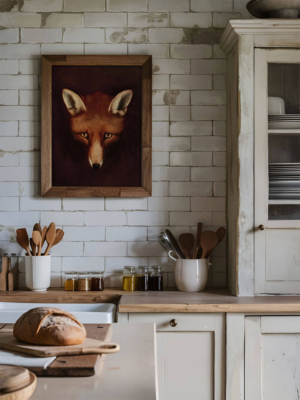 Vintage Fuchs-Kunstdruck in einem massiven Holzrahmen, aufgehängt in einer Landhausküche mit rustikalen Backsteinwänden. Der Kunstdruck bringt einen Hauch von Eleganz in das ländliche, minimalistische Ambiente.