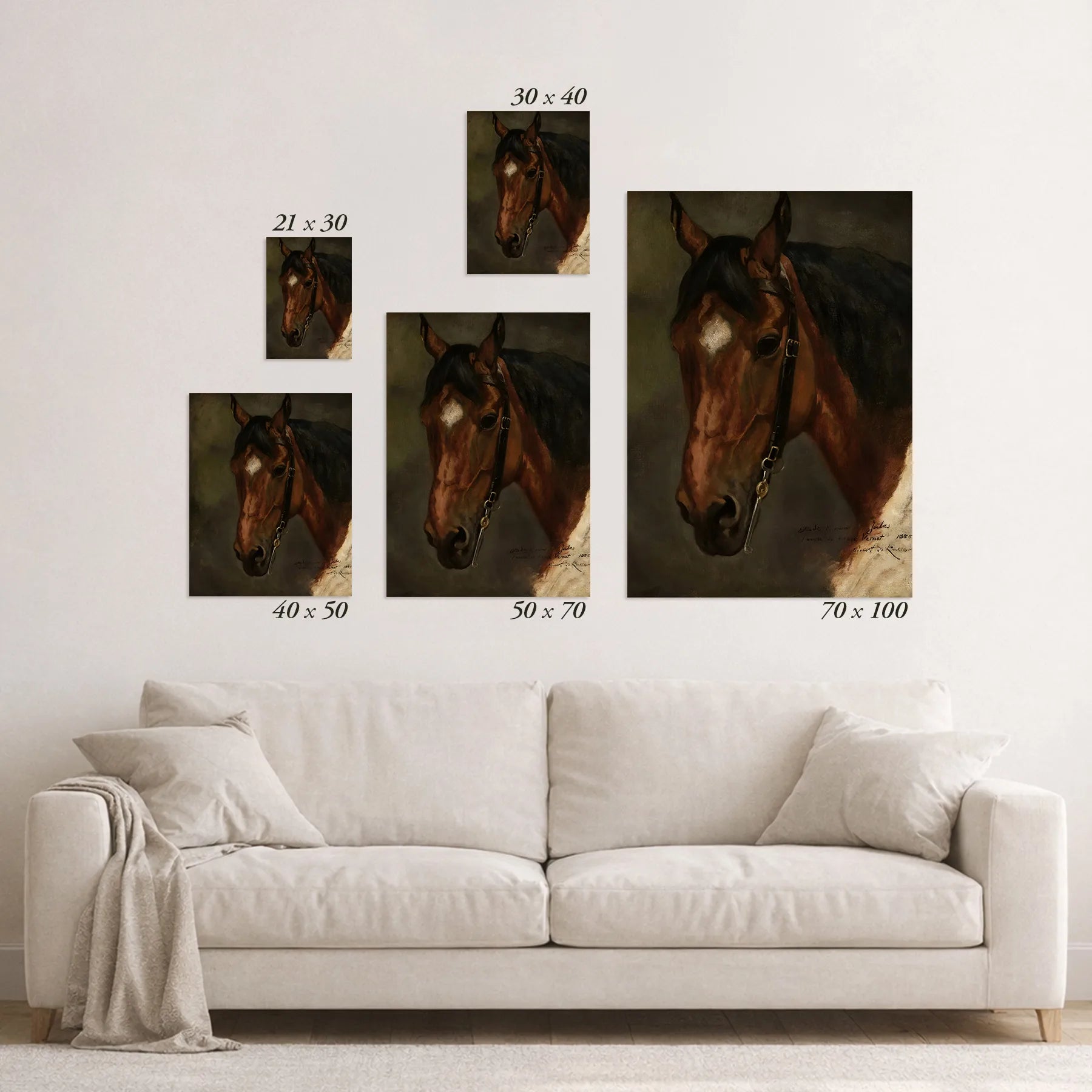 Schematic size overview of the available print formats above a sofa.