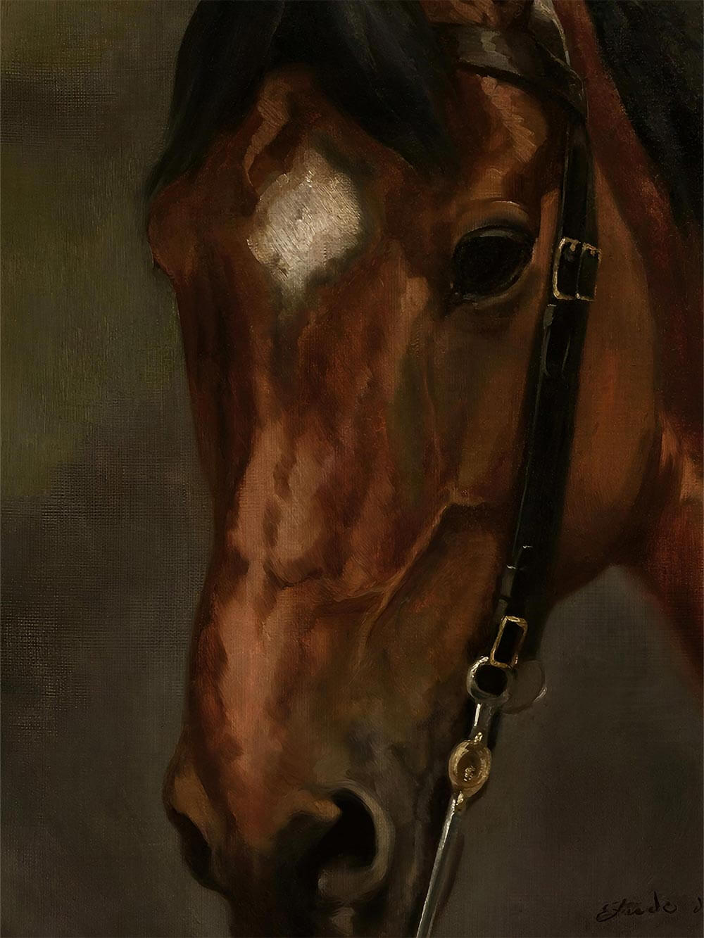 Nahaufnahme des Pferdekopfes mit sichtbarer Pinselstruktur, weichen Farbübergängen und dem glänzenden Metall des Zaumzeugs, die die malerische Tiefe und die hochwertige Reproduktion des Posters betont.