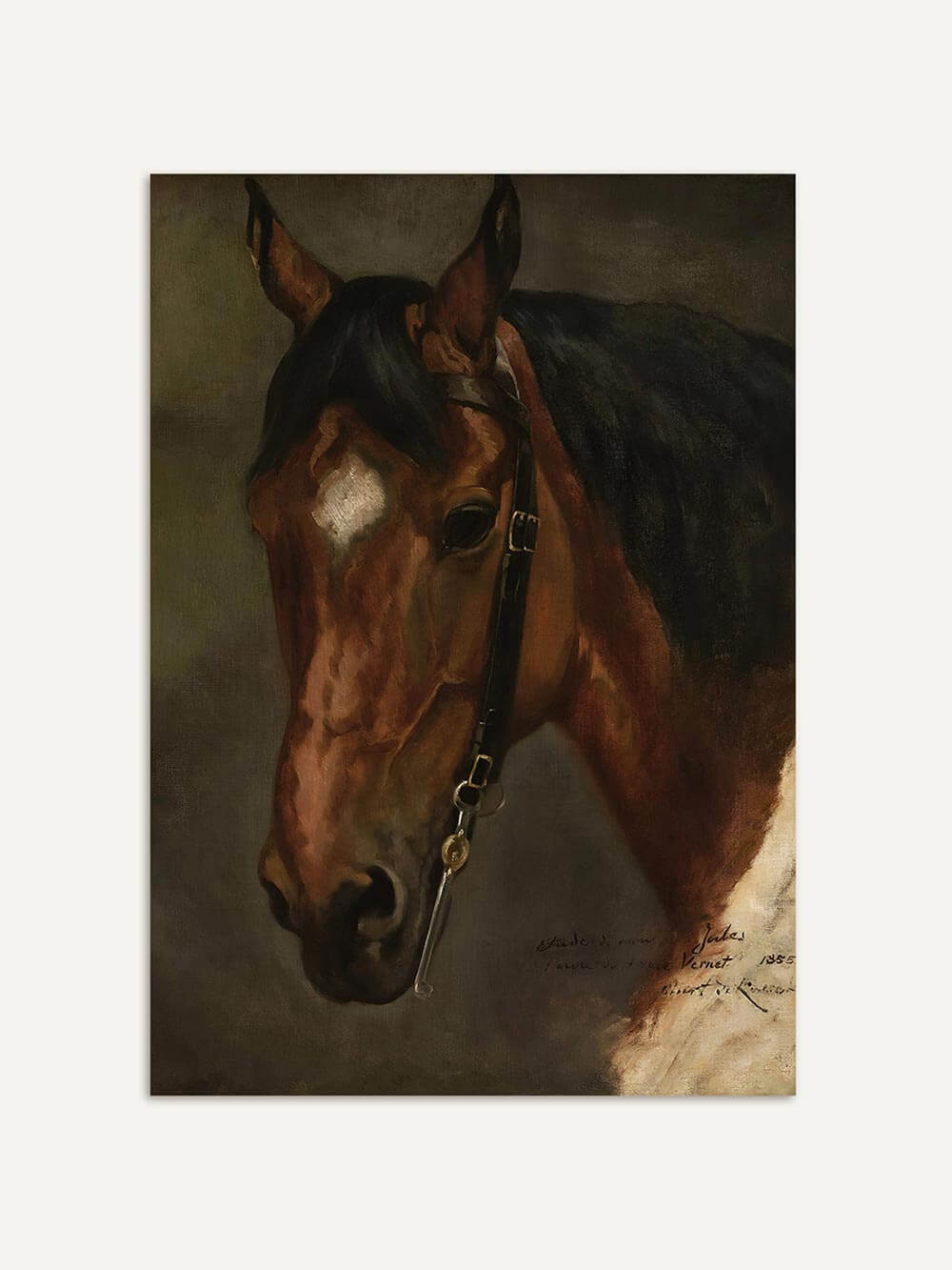 Klassisches Pferdeporträt in warmen Braun- und Grüntönen zeigt den Kopf eines Pferdes mit Zaumzeug vor dunklem Hintergrund, fein gemalt mit realistischer Lichtführung und nostalgischer Anmutung als hochwertiger Kunstdruck.