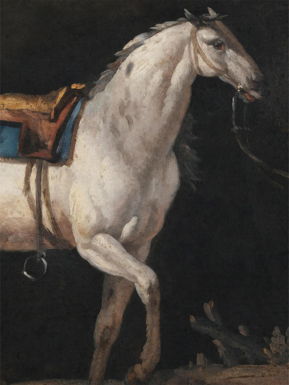 Nahaufnahme des Pferdekörpers mit sichtbarer Pinselstruktur, sanften Farbverläufen und feinen Details am Sattel und Zaumzeug. Die Textur des Kunstdrucks unterstreicht die handwerkliche Qualität und den authentischen Charakter des historischen Motivs.