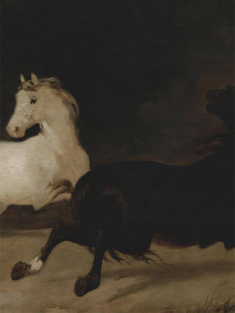 Nahaufnahme der galoppierenden Pferde mit feiner Pinselstruktur und gedämpften Braun- und Cremetönen. Sichtbare Textur und malerische Tiefe betonen den historischen Charakter dieses Kunstdrucks im Stil klassischer Tiermalerei.