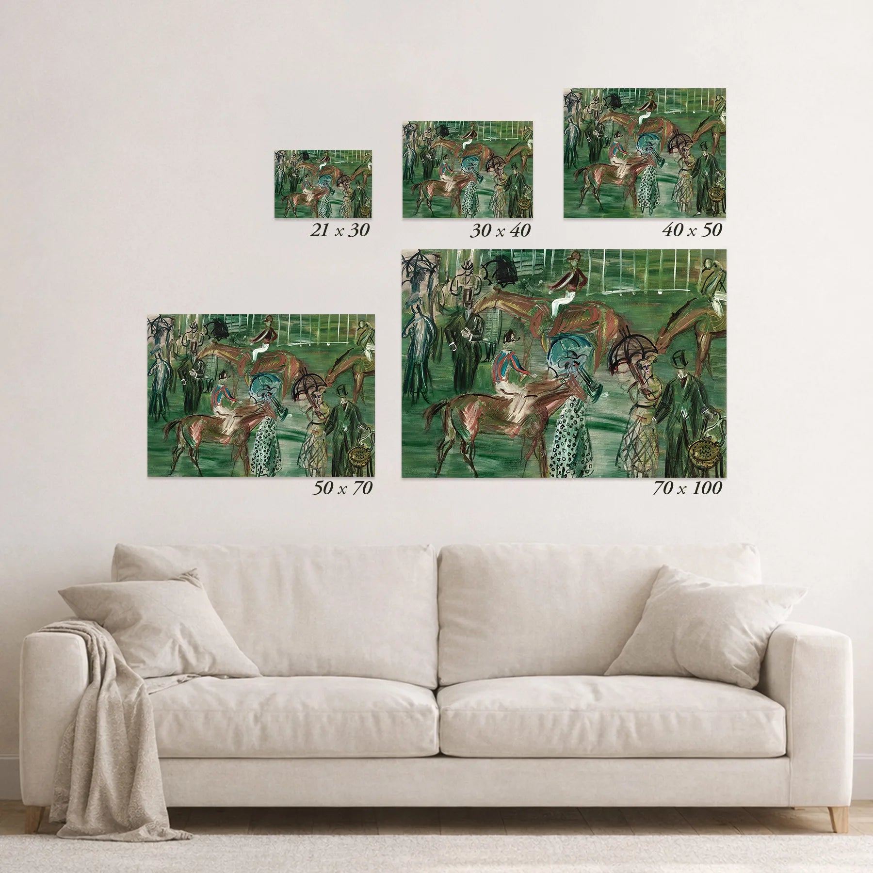 Schematic size overview of the available print formats above a sofa.