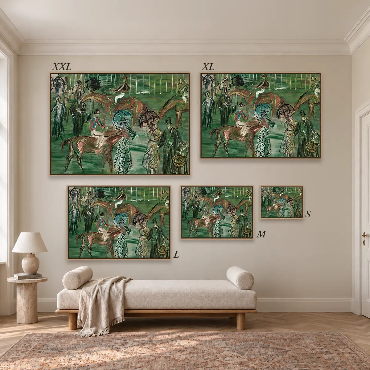 Größenübersicht der fünf Leinwandformate S bis XXL im Raum, von 34 × 44 cm bis 105 × 143 cm.