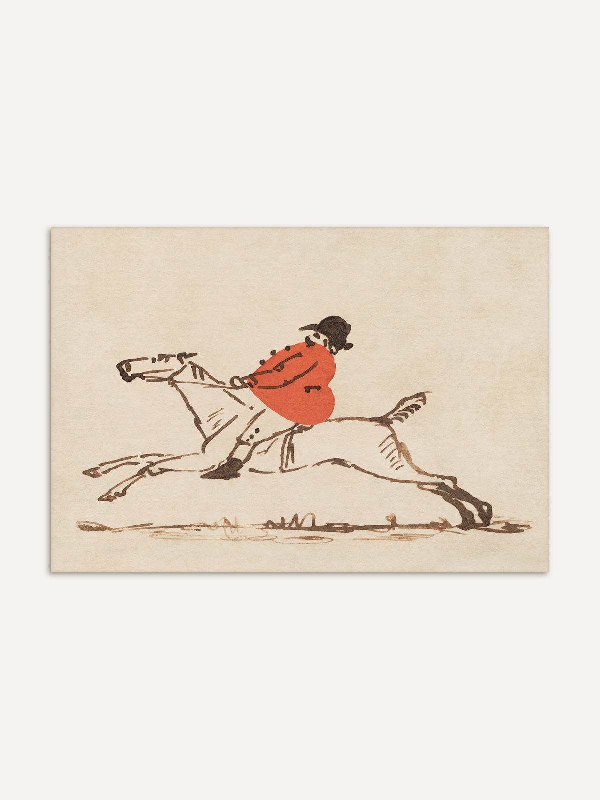 Vintage Kunstdruck mit einer Reiterzeichnung im Querformat. Ein rundlicher Reiter in roter Jacke und dunkler Kappe galoppiert, mit wenigen Sepialinien auf cremefarbenem Grund skizziert. #Rahmen_Ohne Rahmen