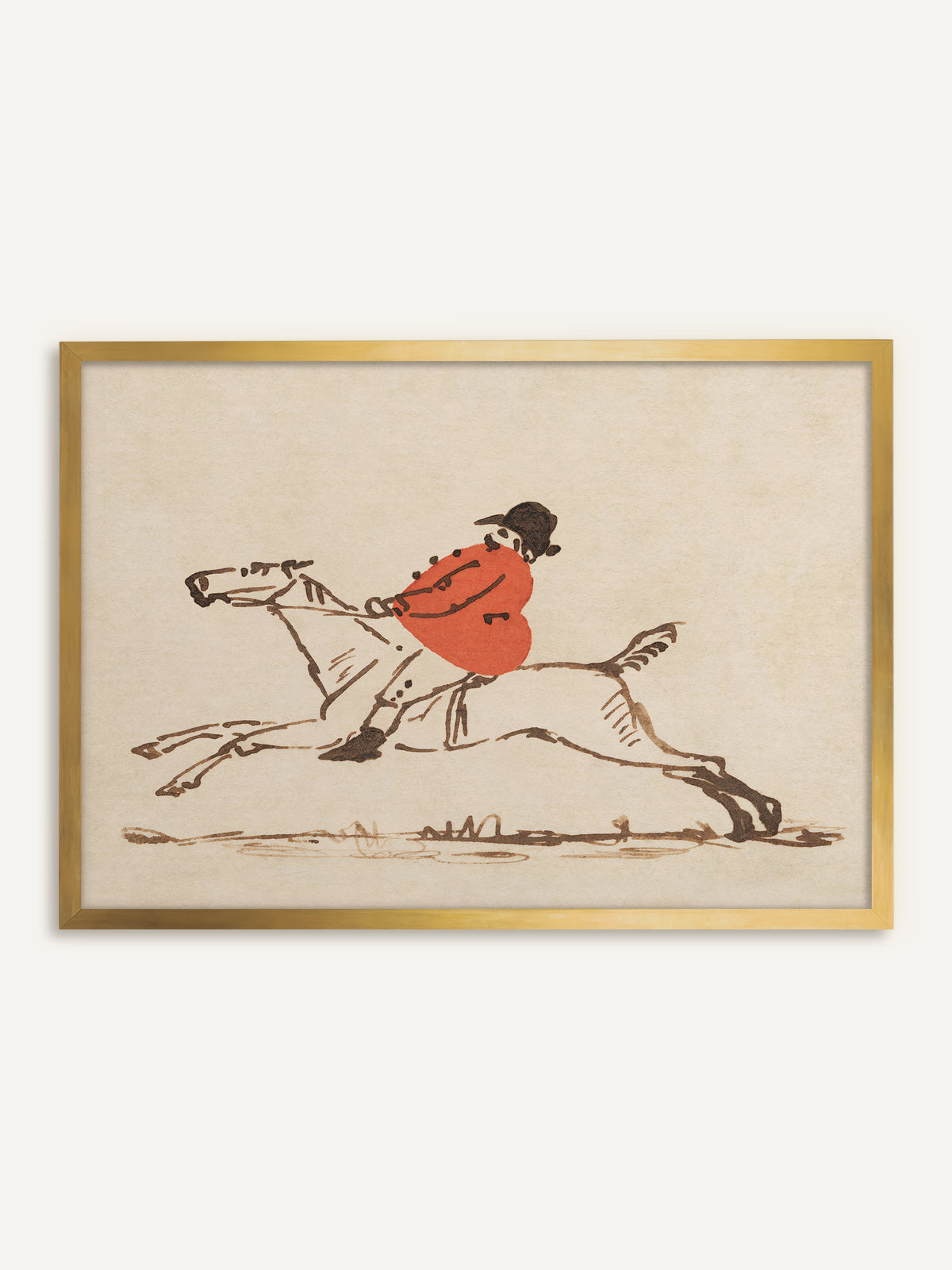 Wandbild mit Reiter in roter Jacke im goldenen Rahmen. Gold verstärkt die Wärme des Rots und gibt der schlichten Zeichnung einen klassischen Charakter. #Rahmen_Gold