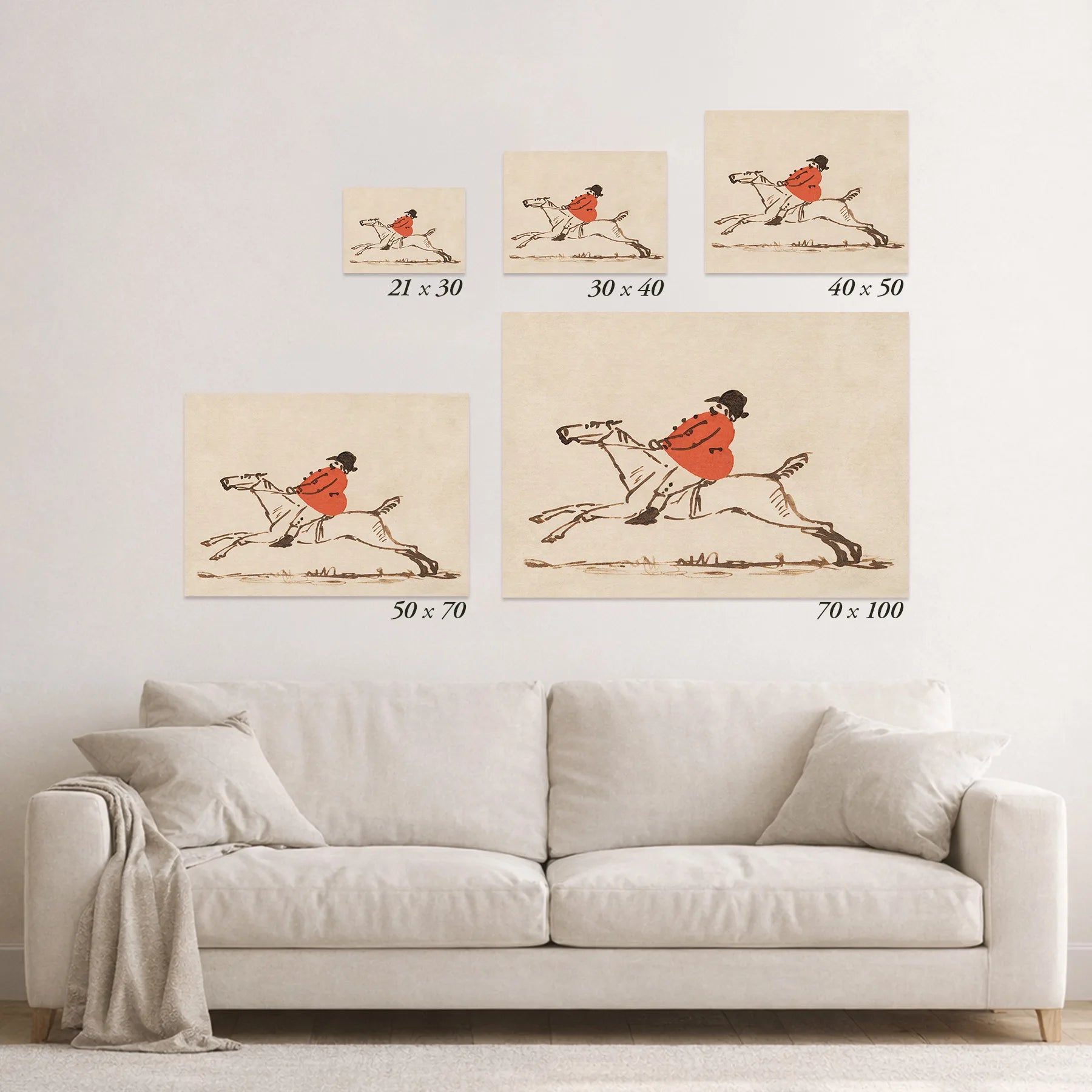 Schematic size overview of the available print formats above a sofa.