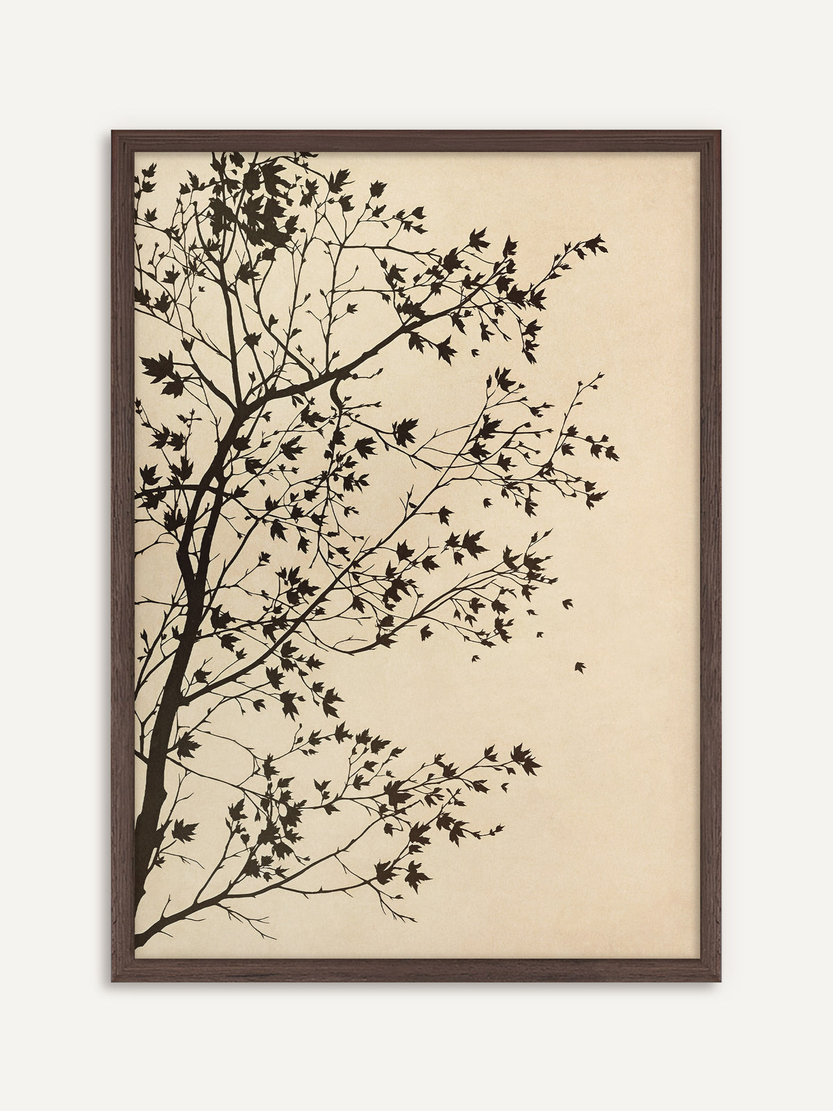 Poster, das die Silhouette eines Baumes zeigt, dessen dunkle Zweige mit kleinem Ahornlaub vom linken Bildrand weit in einen warmen Sandton ragen. Der Rahmen aus dunklem Holz greift das Schwarzbraun der Zweige auf und gibt dem Bild Halt. #Rahmen_Dunkles Holz