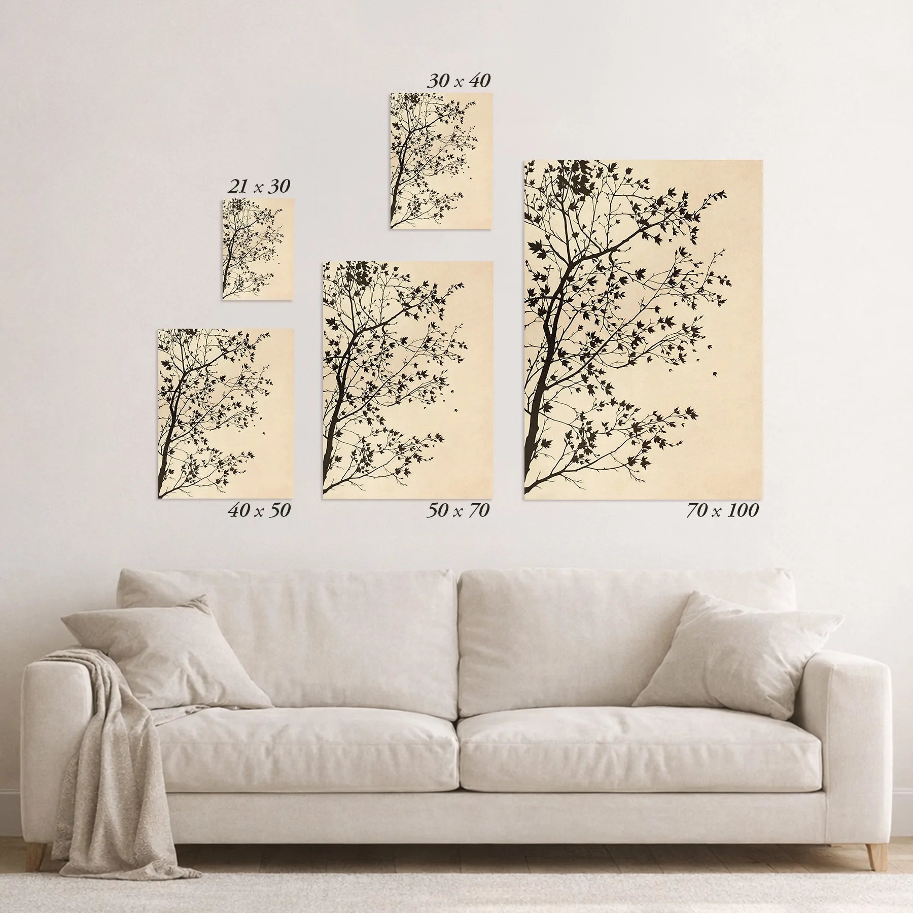 Schematic size overview of the available print formats above a sofa.