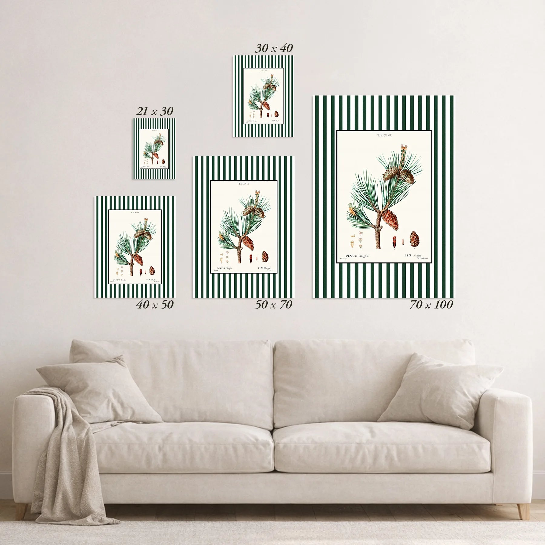 Schematic size overview of the available print formats above a sofa.