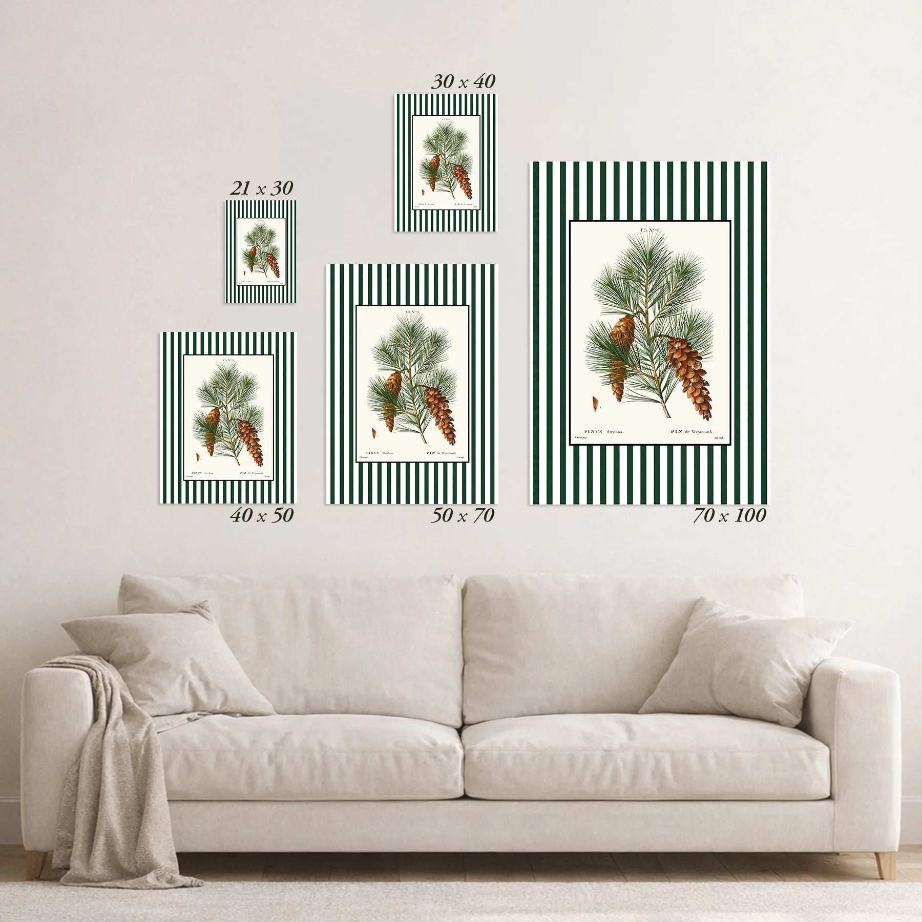 Schematic size overview of the available print formats above a sofa.