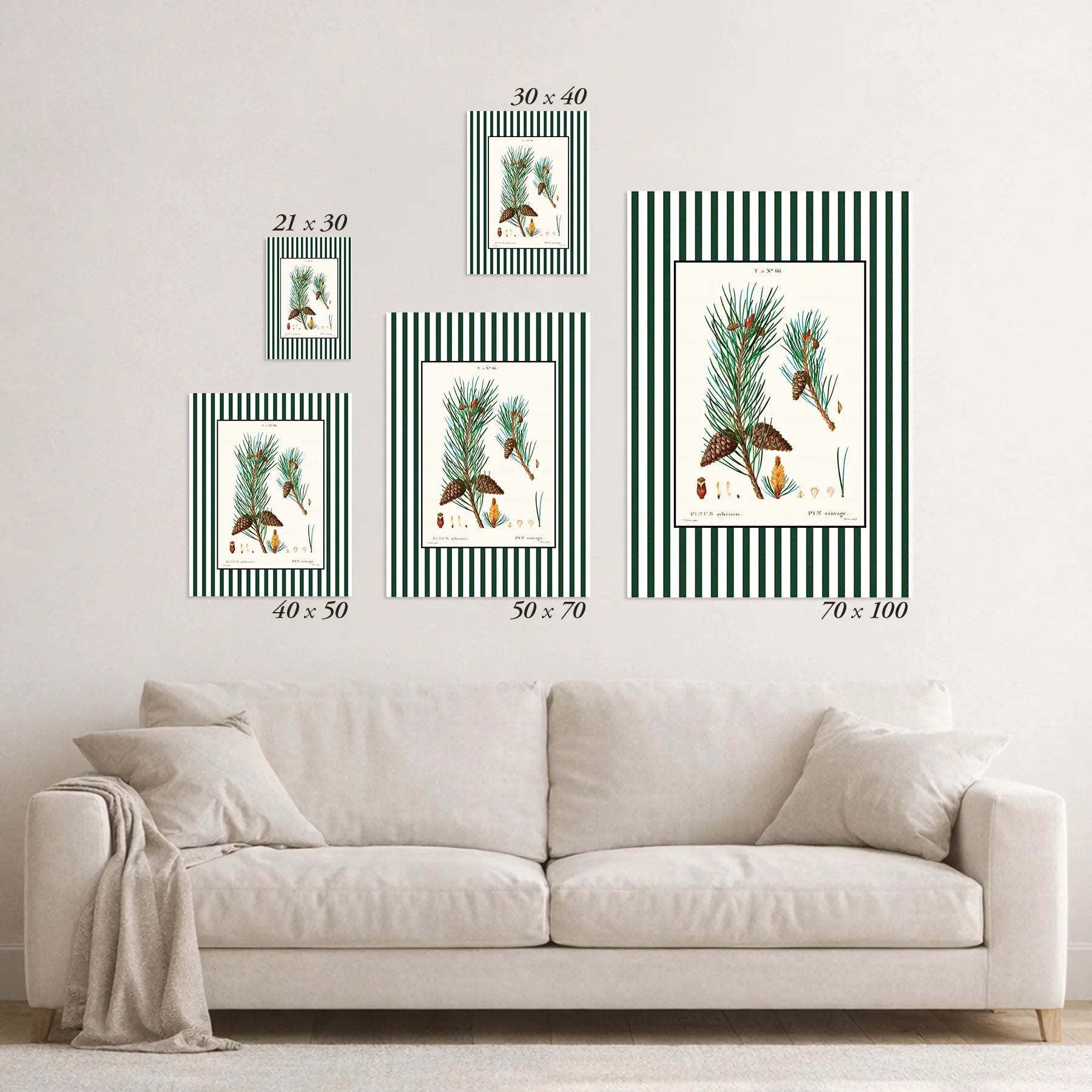 Schematic size overview of the available print formats above a sofa.