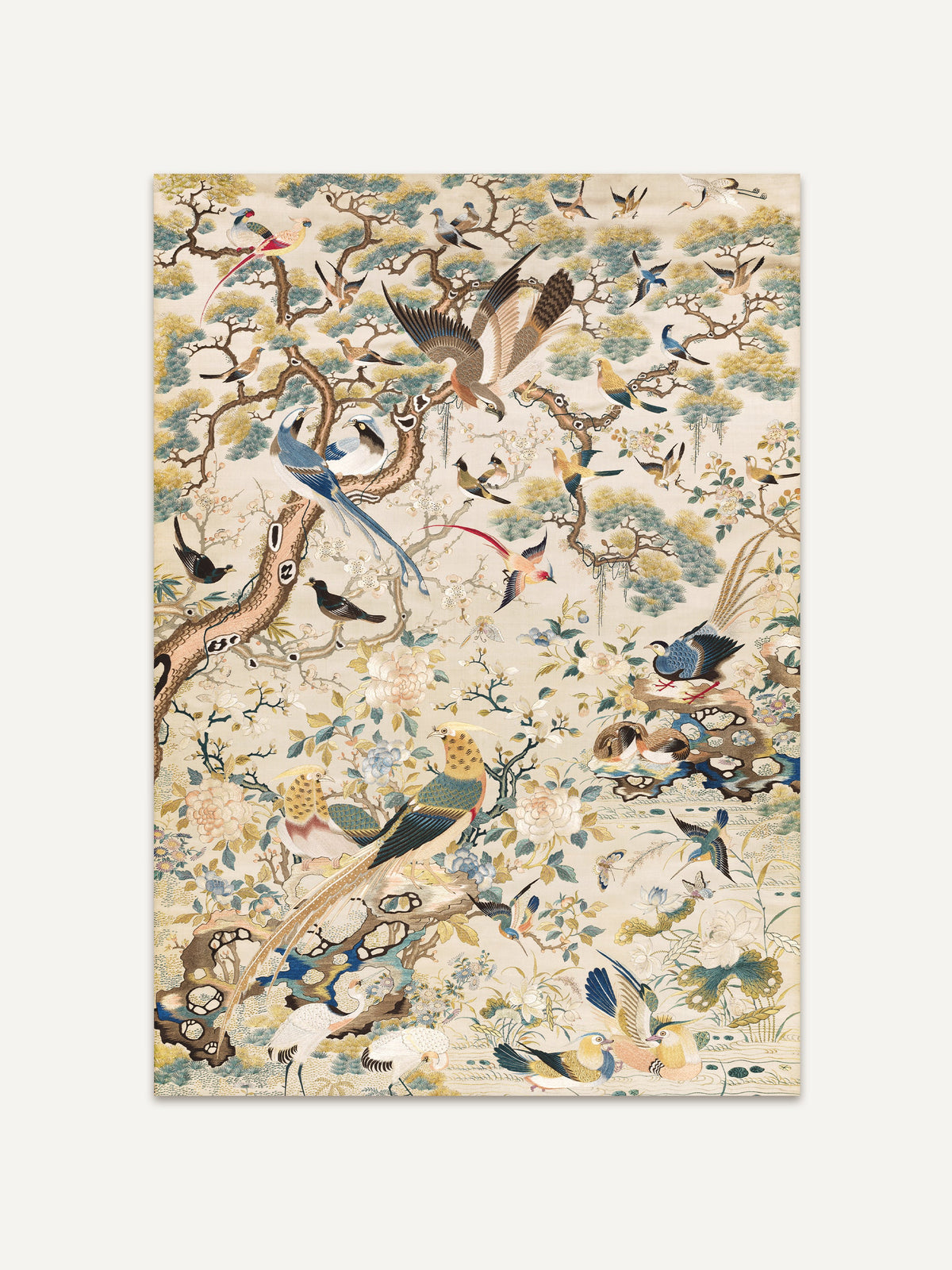 Antiker Chinoiserie-Kunstdruck mit detaillierten Vögeln in lebendigen Farben, die auf blühenden Ästen sitzen, umgeben von zarten Blumen und Bäumen, inspiriert von asiatischen Motiven. #Rahmen_Ohne Rahmen