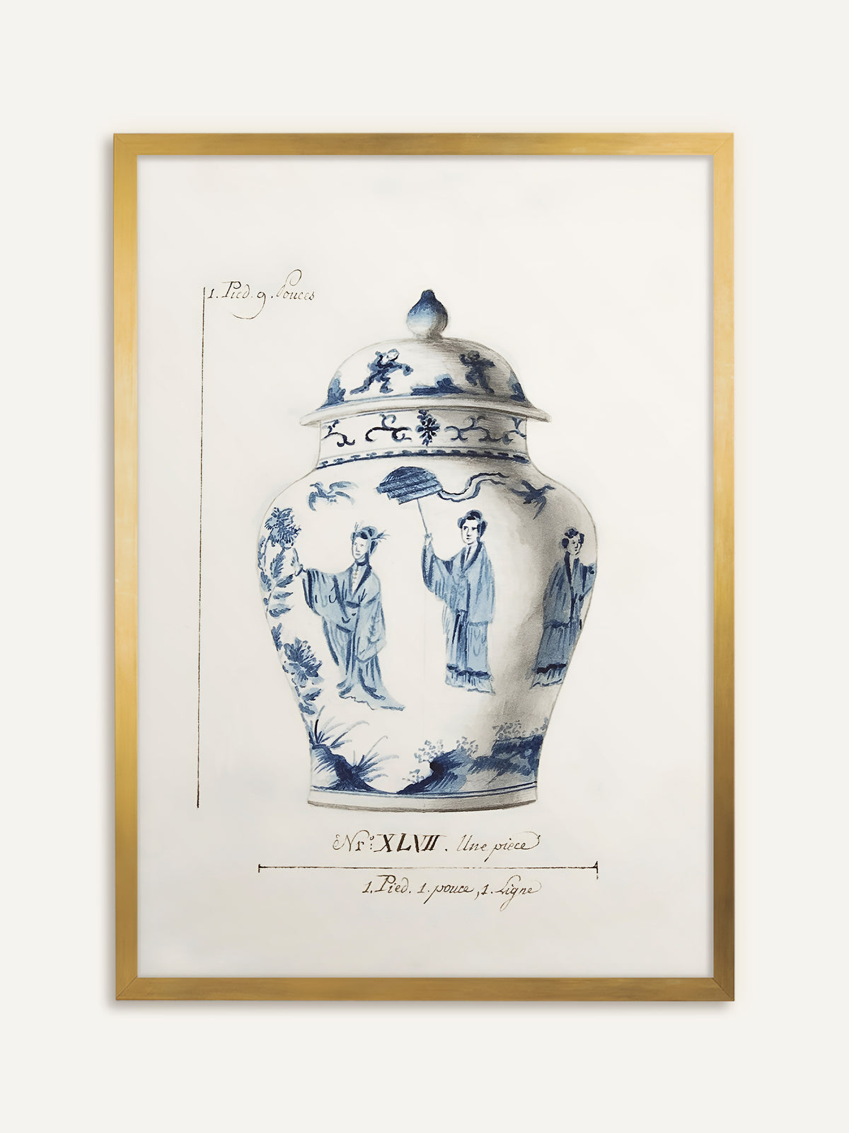Wandbild, das eine blau-weiße Deckelvase mit gemalten Figuren in langen Gewändern, eine davon mit Schirm, auf hellem Papier mit handschriftlichen Maßangaben zeigt. Im goldenen Rahmen bekommt die Porzellanvase einen antiken Charakter. #Rahmen_Gold