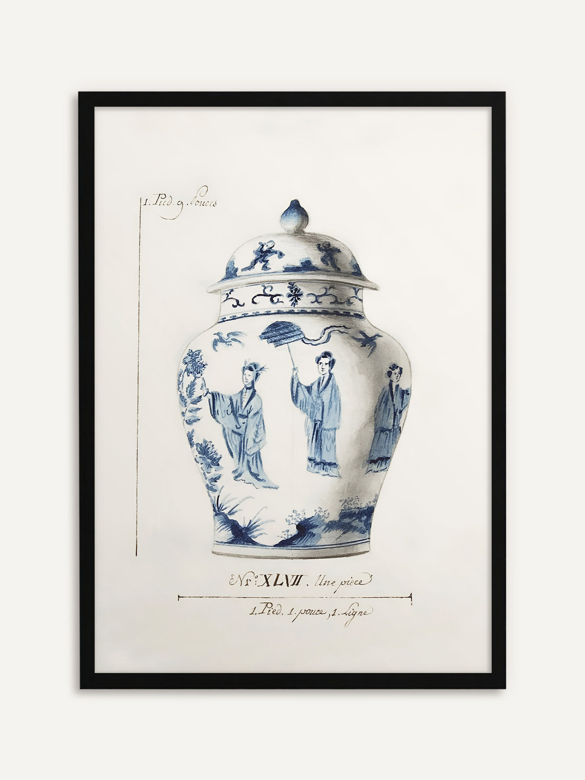 Gerahmtes Poster, das eine blau-weiße Deckelvase mit gemalten Figuren in langen Gewändern, eine davon mit Schirm, auf hellem Papier mit handschriftlichen Maßangaben zeigt. Mit schwarzem Rahmen wirkt das Vintage Motiv klar und modern. #Rahmen_Schwarz
