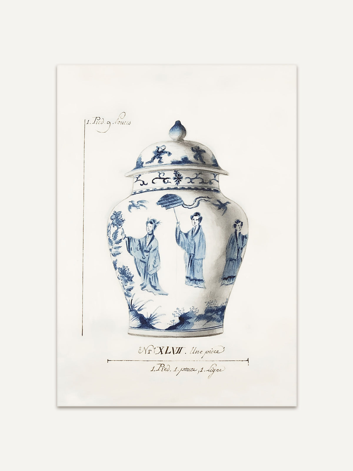 Blauer und weißer Vintage Chinoiserie Kunstdruck einer antiken Vase mit detaillierten Figuren, die traditionelle chinesische Kleidung tragen, auf einer cremefarbenen Hintergrundplatte mit handschriftlichen Maßen und Notizen. #Rahmen_Ohne Rahmen