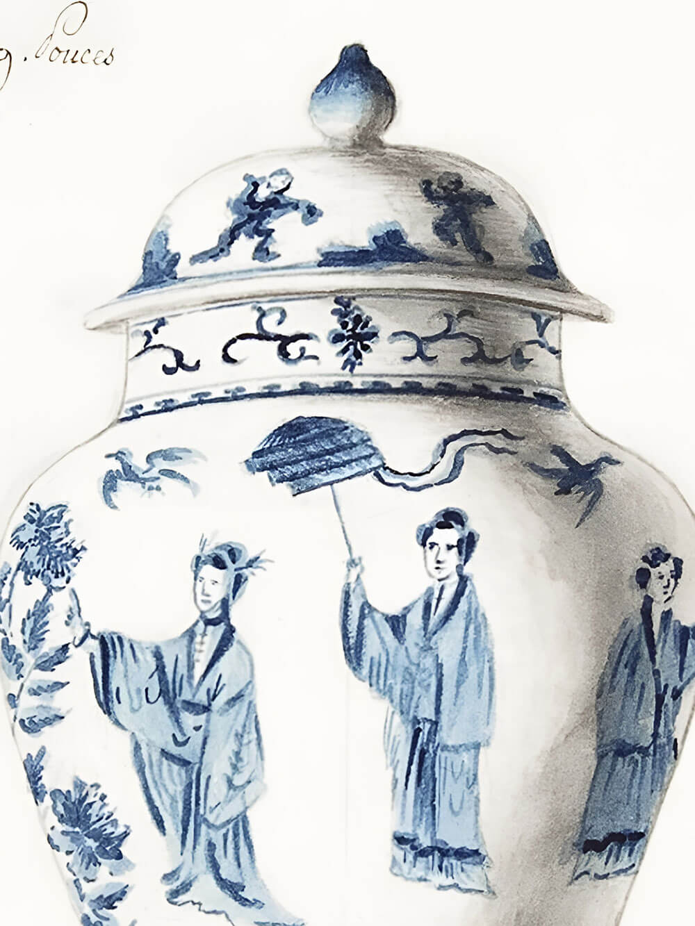 Detailansicht einer antiken Chinoiserie-Vase im blauen und weißen Design mit handgemalten Figuren in traditioneller chinesischer Kleidung, darunter eine Figur mit einem Fächer. Feine Verzierungen schmücken den Deckel der Vase.