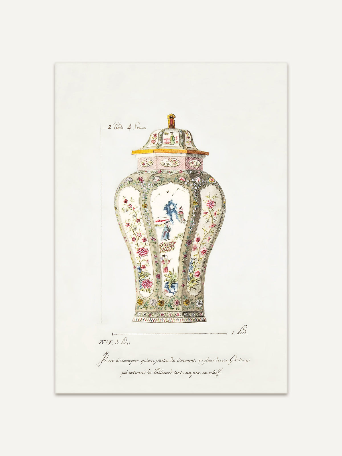 Antiker Chinoiserie-Kunstdruck einer reich verzierten Vase mit floralen Mustern und asiatischen Motiven auf cremefarbenem Hintergrund. #Rahmen_Ohne Rahmen