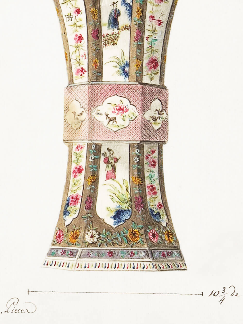Detailansicht eines kunstvollen Chinoiserie-Vasen-Kunstdrucks. Das mittlere Band der Vase ist mit zarten, rosa-weißen floralen Mustern und exotischen Szenen verziert. Feine Blumenranken in bunten Farben und detaillierte Figuren schmücken das Design, was dem Bild eine elegante und antike Anmutung verleiht.