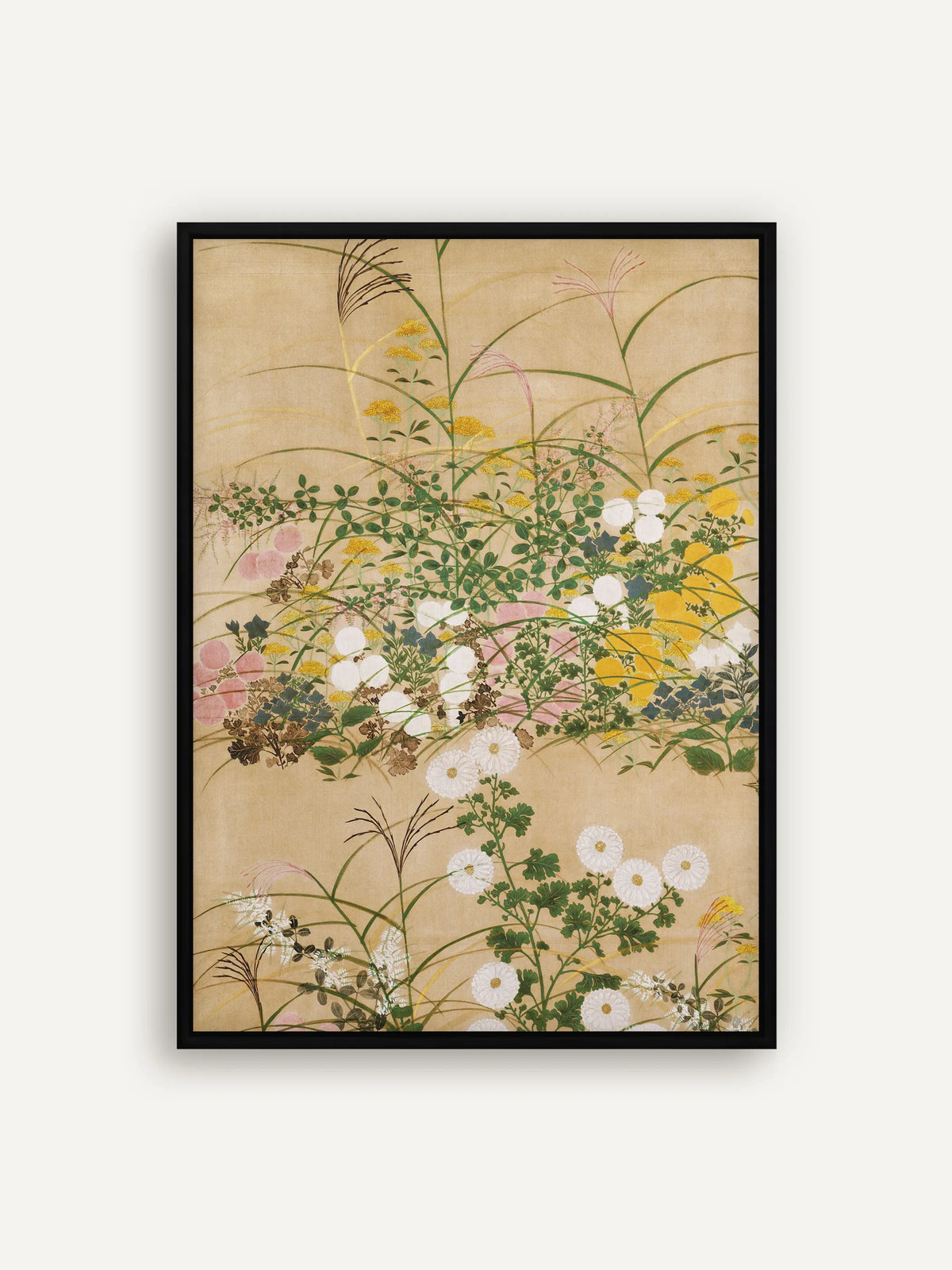Leinwandbild mit weißen Chrysanthemen, rosa und gelben Blüten und feinen Gräsern auf warmem Beige im Schattenfugenrahmen in Schwarz. Chinoiserie Wandbild nach Ogata Korin. #Rahmen_Schwarz