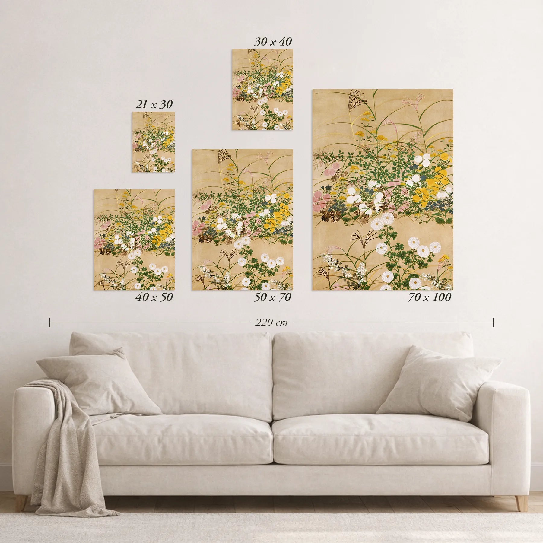 Schematic size overview of the available print formats above a sofa.