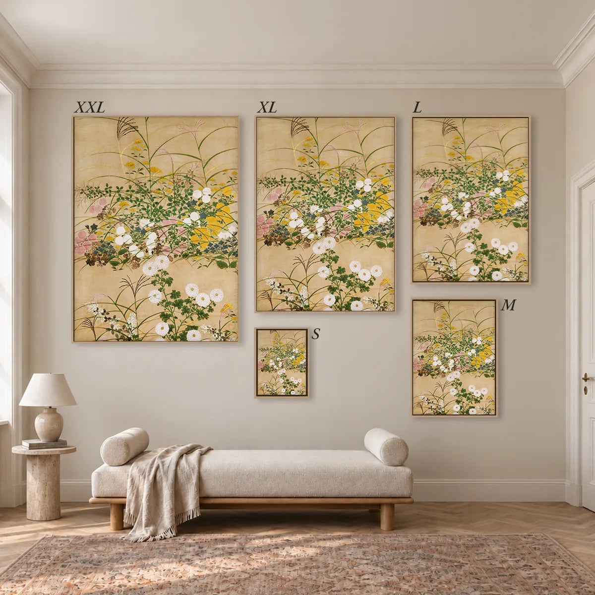Größenübersicht der fünf Leinwandformate S bis XXL im Raum, von 34 × 44 cm bis 105 × 143 cm.