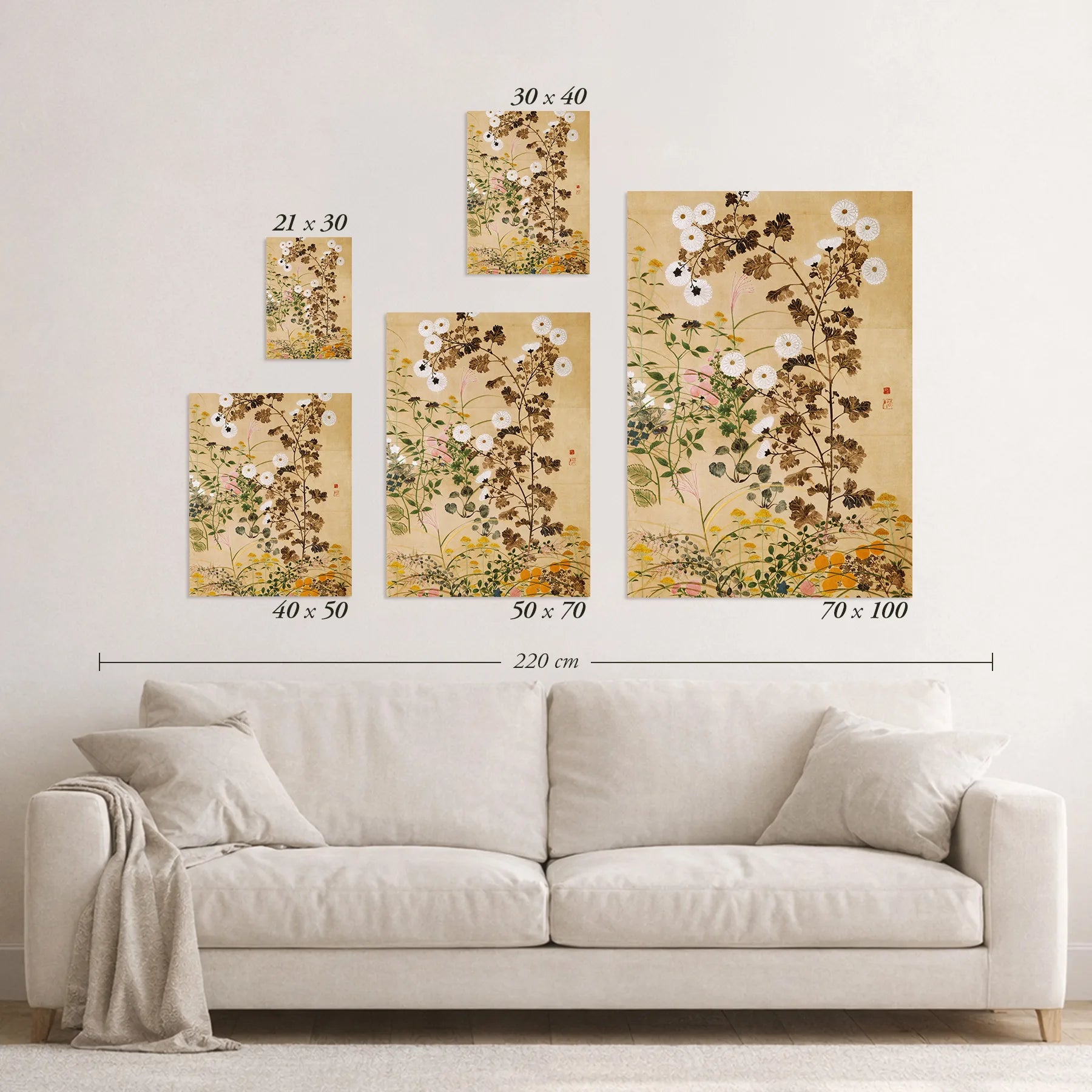 Schematic size overview of the available print formats above a sofa.