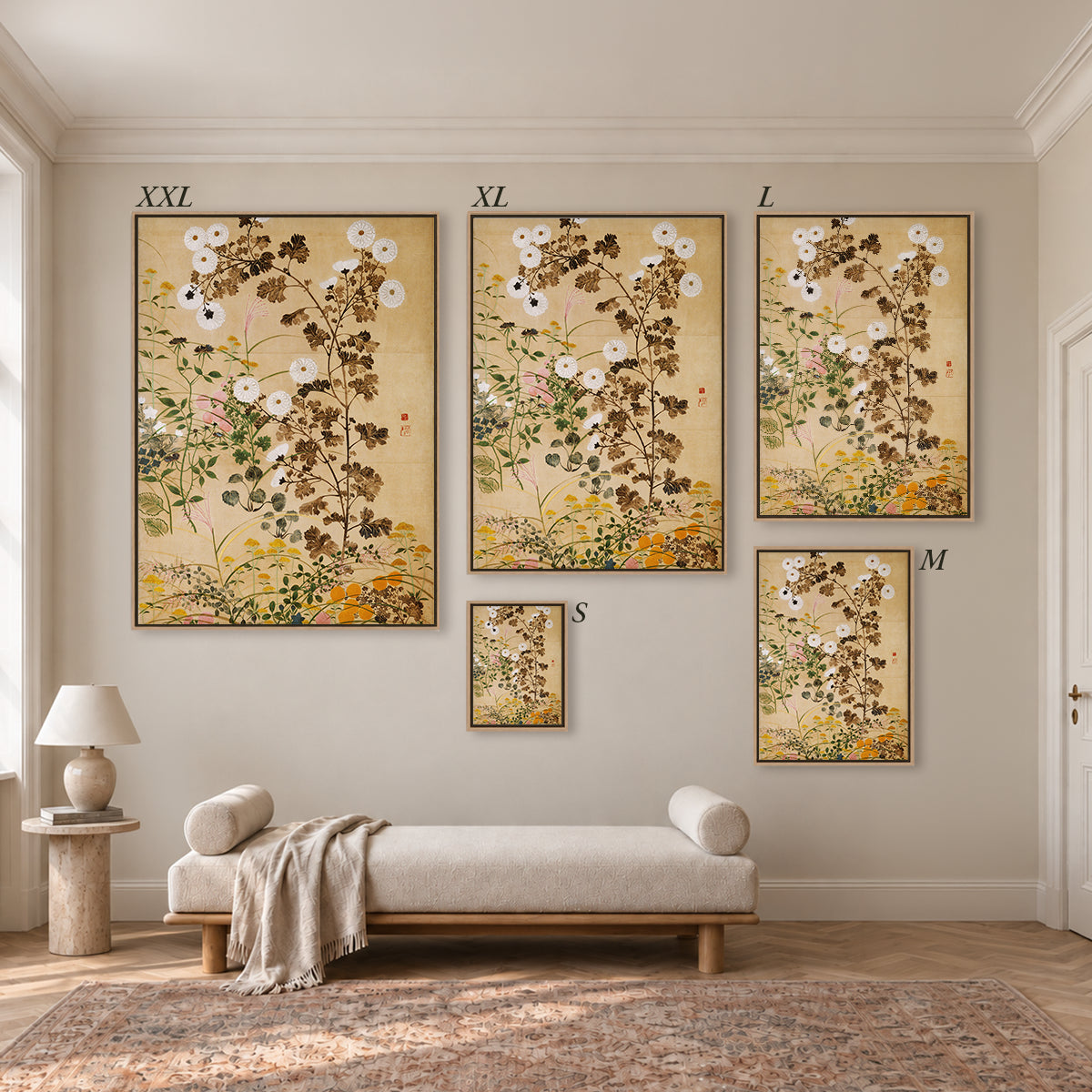 Größenübersicht der fünf Leinwandformate S bis XXL im Raum, von 34 × 44 cm bis 105 × 143 cm.