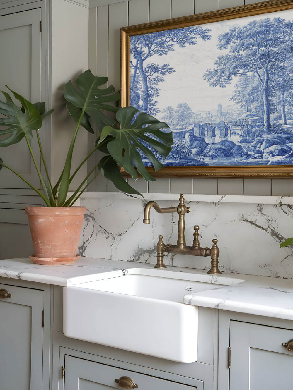 Ein Chinoiserie-Wanddruck in Blau-Weiß über einer eleganten Küchenspüle. Die dargestellte Landschaft umfasst Bäume, einen Fluss und Brücken, eingerahmt in einem goldenen Rahmen. Der Raum wird von natürlichen Materialien wie einem Terrakottatopf, einer Messingarmatur und Marmordetails dominiert und vermittelt ein rustikales, aber edles Ambiente.