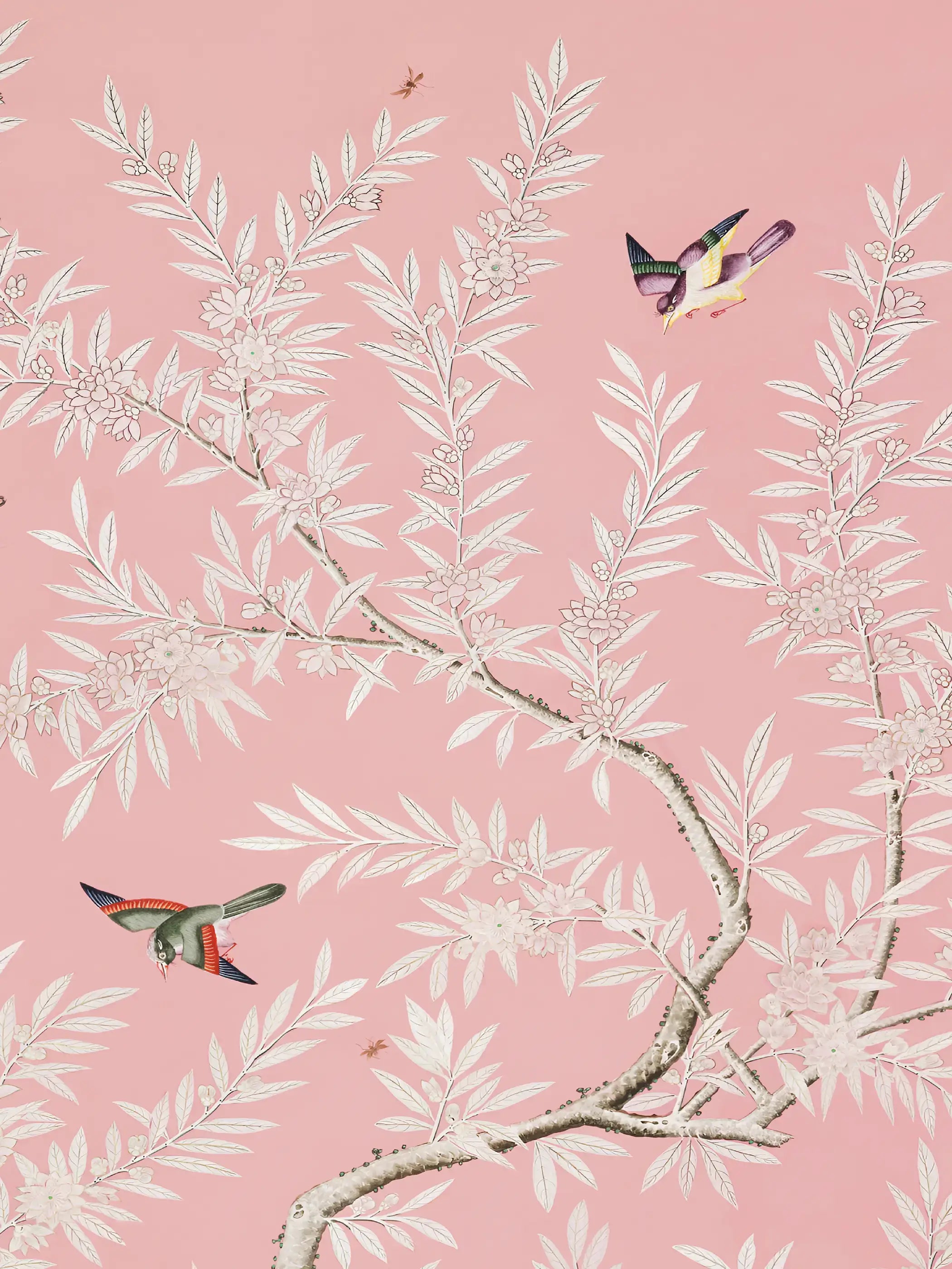 Nahaufnahme der weißen Blütenzweige und farbigen Vögel auf zartrosa Hintergrund. Die feinen Linien und ornamentalen Details betonen den Chinoiserie Stil und die elegante Wirkung des Kunstdrucks.