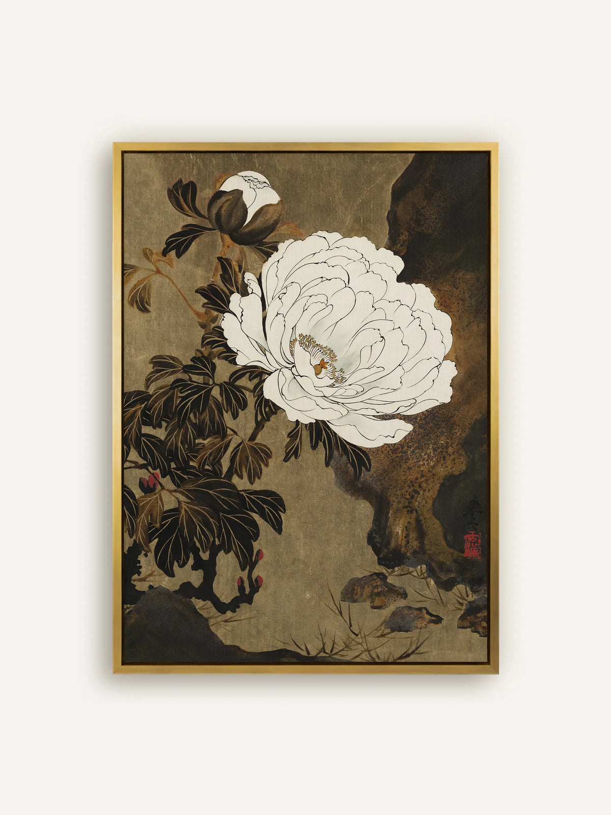Leinwandbild mit weißer Pfingstrose, goldenen Staubgefäßen und dunklem Laub vor olivgoldenem Grund im goldenen Schattenfugenrahmen. Japandi Wandbild nach Shibata Zeshin. #Rahmen_Gold