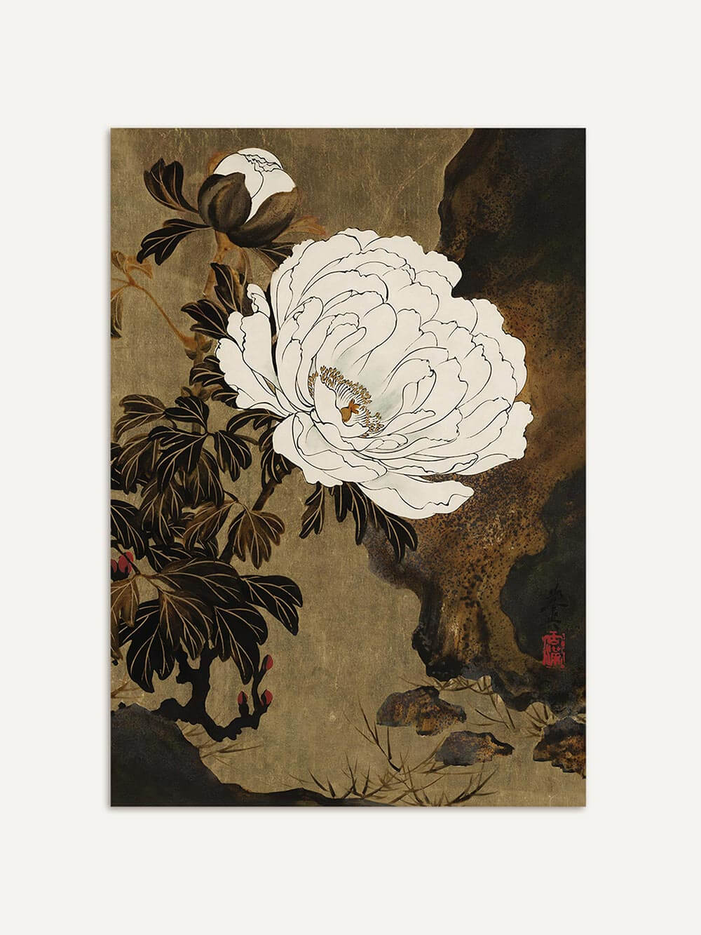Floraler Kunstdruck im Vintage-Stil mit detailreicher Pfingstrose auf bräunlich gealtertem Hintergrund. Die feinen Linien und gedeckten Farben erinnern an klassische ostasiatische Kunst.