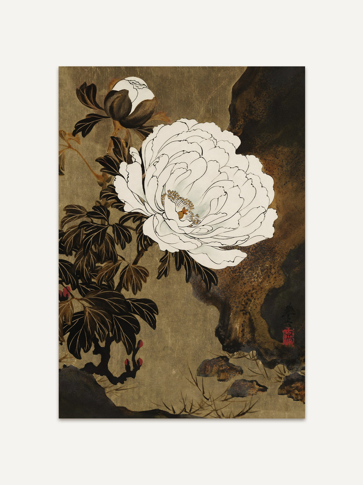 Floraler Kunstdruck im Vintage-Stil mit detailreicher Pfingstrose auf bräunlich gealtertem Hintergrund. Die feinen Linien und gedeckten Farben erinnern an klassische ostasiatische Kunst. #Rahmen_Ohne Rahmen