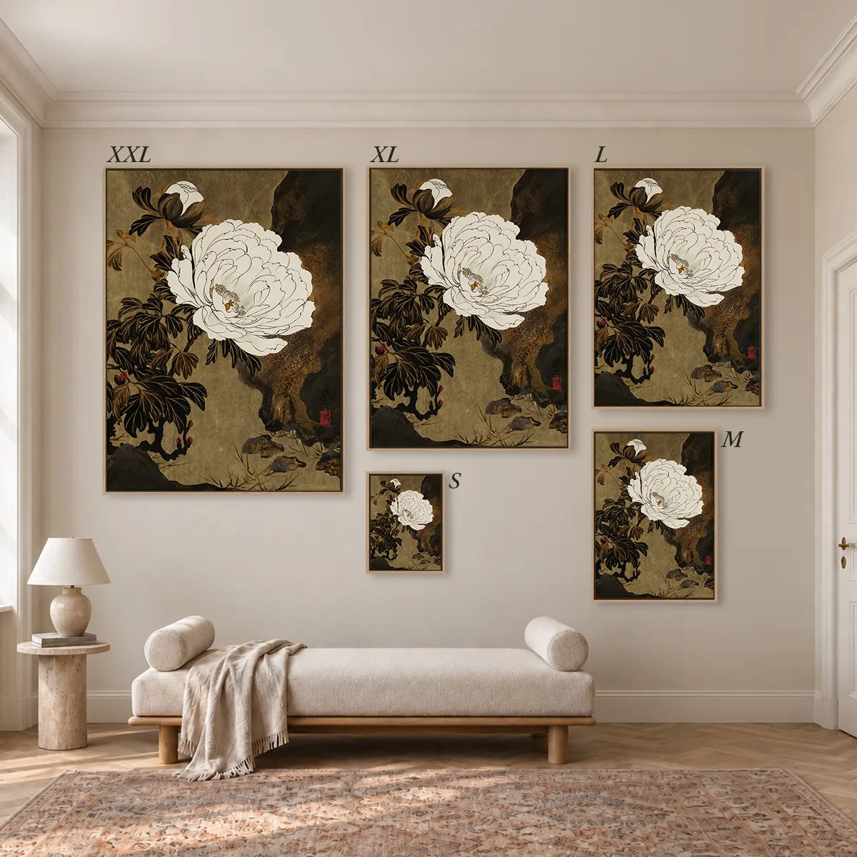 Größenübersicht der fünf Leinwandformate S bis XXL im Raum, von 34 × 44 cm bis 105 × 143 cm.