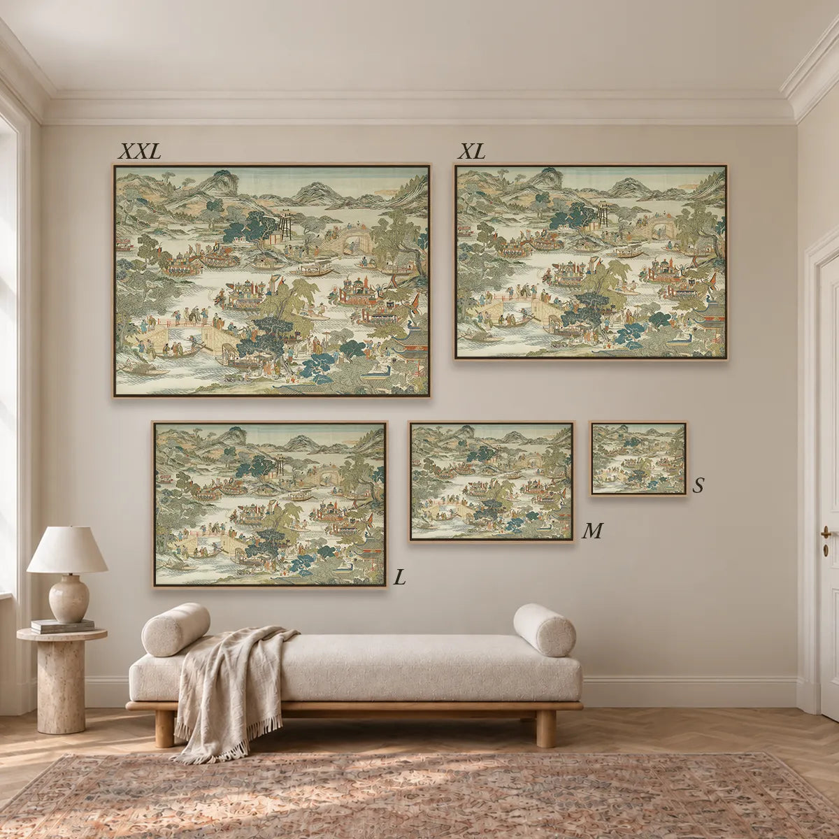 Größenübersicht der fünf Leinwandformate S bis XXL im Raum, von 34 × 44 cm bis 105 × 143 cm.