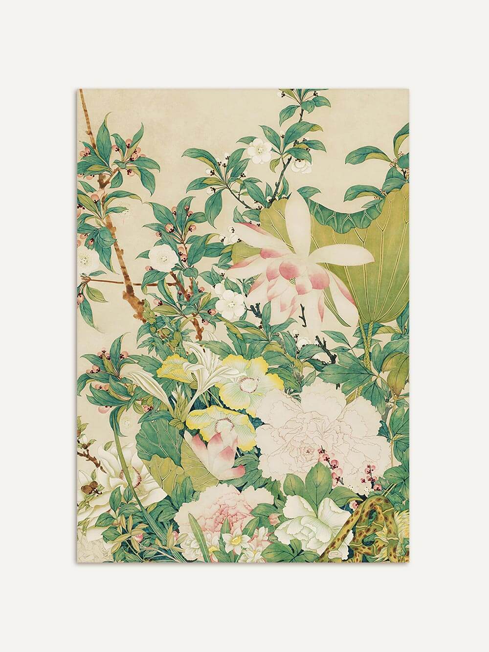Chinoiserie Kunstdruck mit Blüten, Blättern und feinen botanischen Details in zarten Farben. Das florale Vintage Wandbild wirkt detailreich und harmonisch.
