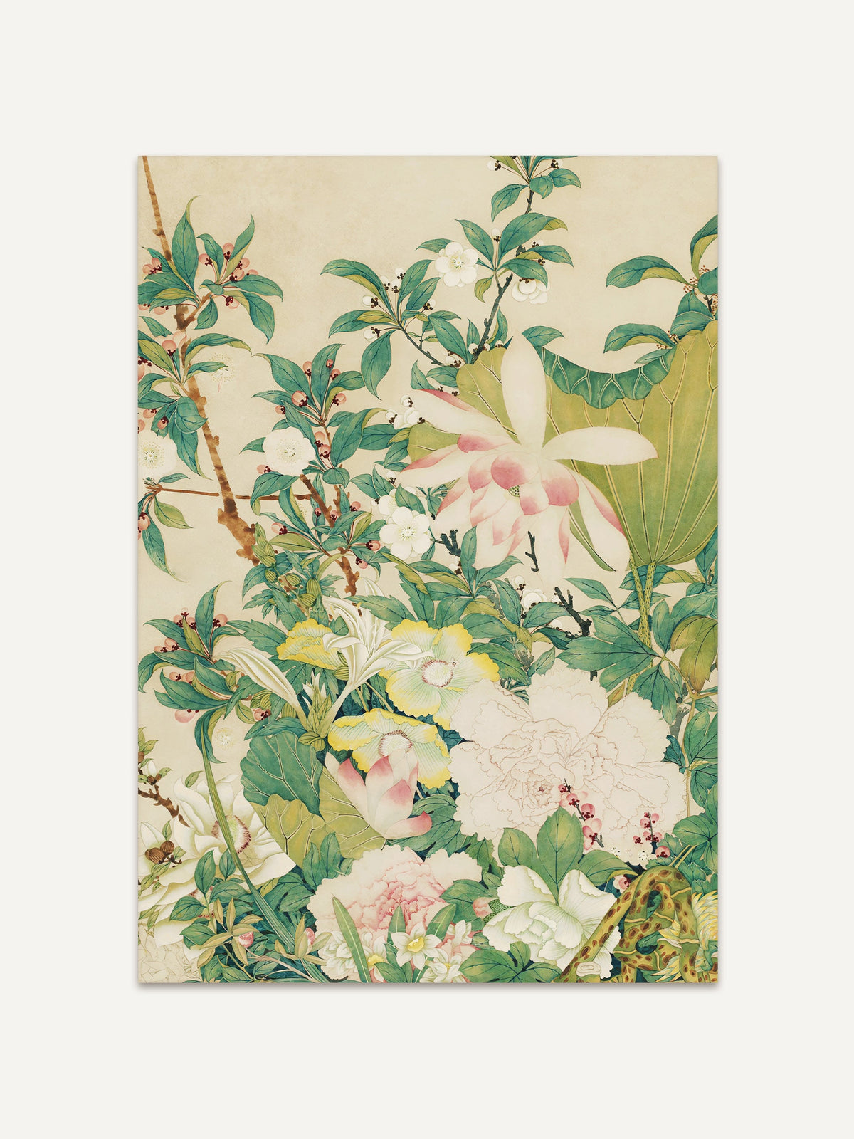Chinoiserie Kunstdruck mit Blüten, Blättern und feinen botanischen Details in zarten Farben. Das florale Vintage Wandbild wirkt detailreich und harmonisch. #Rahmen_Ohne Rahmen
