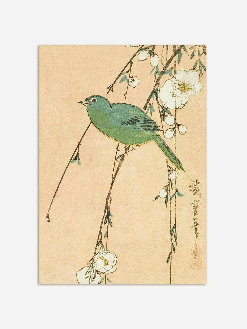 Chinoiserie Kunstdruck mit einem grünen Vogel auf einem blühenden Zweig vor hellem Hintergrund. Die Illustration vereint klare Linien und sanfte Farben.